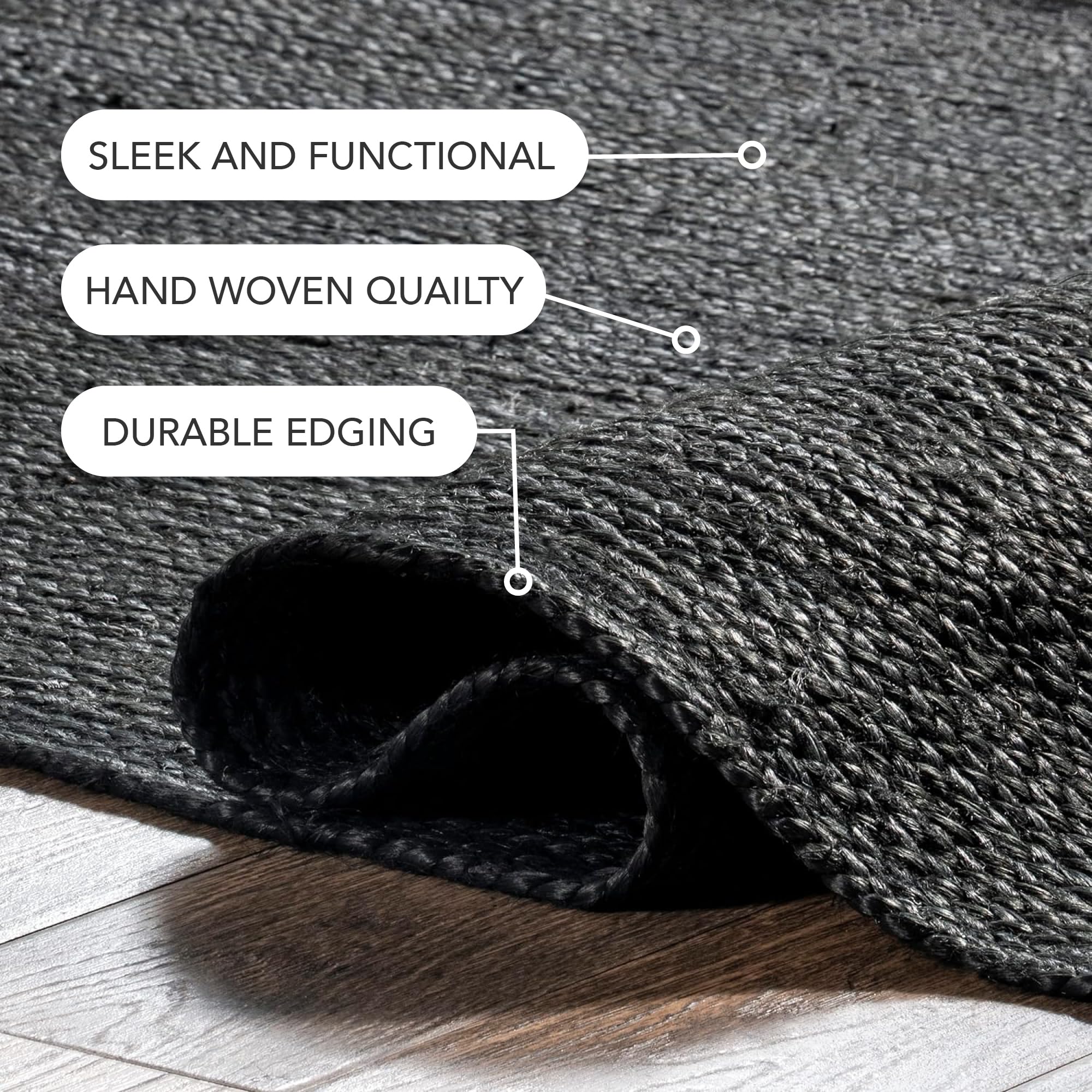 nuLOOM Oval 4x6 Rigo Jute Hand Woven Area Rug - Black Farmhouse Solid Design Natural Fiber Rug for Bedroom, Living Room, Dining Room, Hallway, Office, Kitchen & Entryway | Perfect for Boho Chic Decor & Cozy Home Style