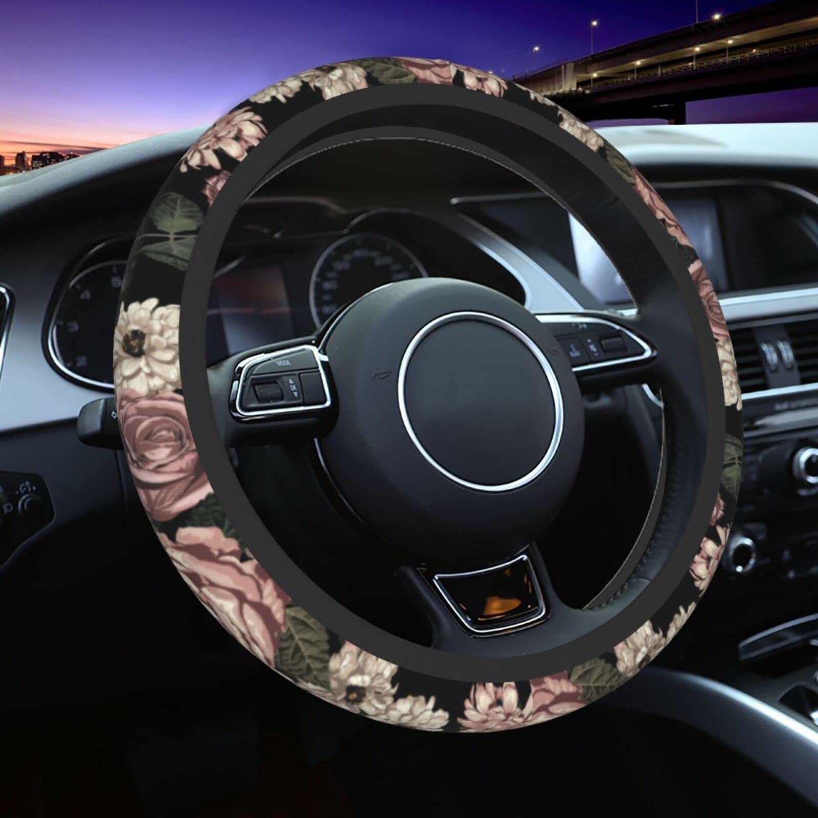 15 Inch Universal Elegant Rose Flower Steering Wheel Cover - Retro Floral Print Neoprene Car Wheel Protector - Cute Automotive Accessory for Women's Cars - Perfect for Daily Commute & Road Trips