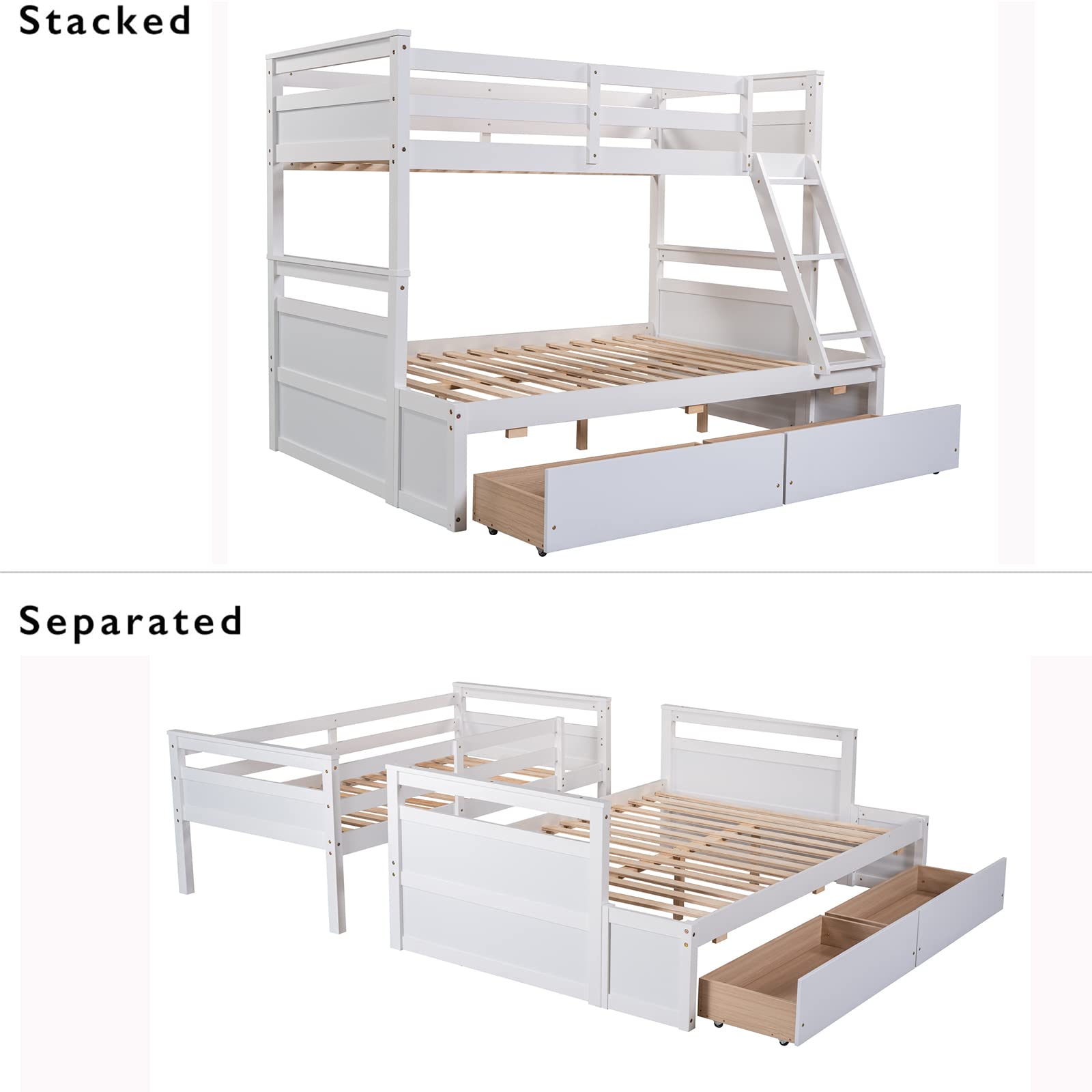 **CITYLIGHT Twin Over Full Bunk Bed with Storage Drawers - Convertible Wood Bunk Bed for Kids, Teens & Adults - No Box Spring Needed - White - Ideal for Small Bedrooms, Guest Rooms & Dormitories**
