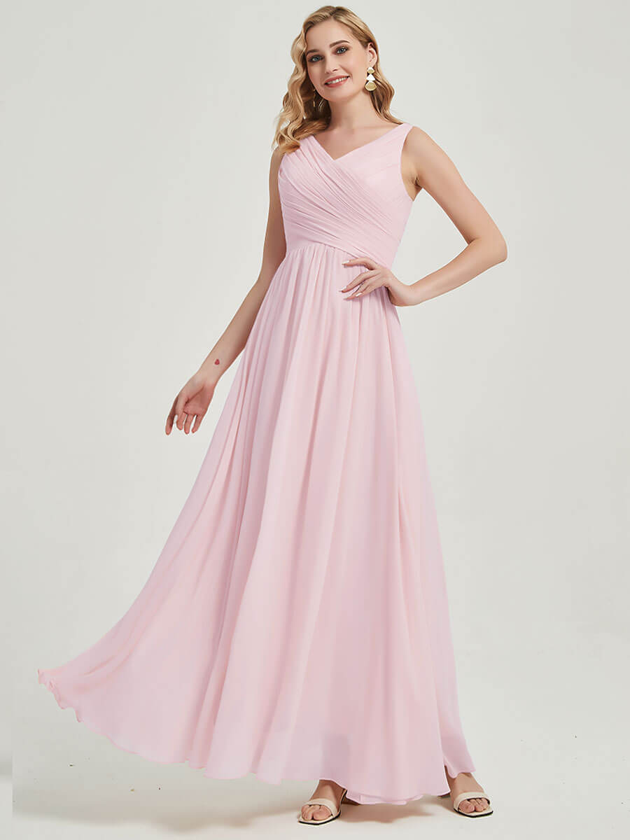 Elegant Blush Wide Straps Sleeveless V-Neck Pleated Flowy Bridesmaid Dress for Weddings, Parties & Special Occasions