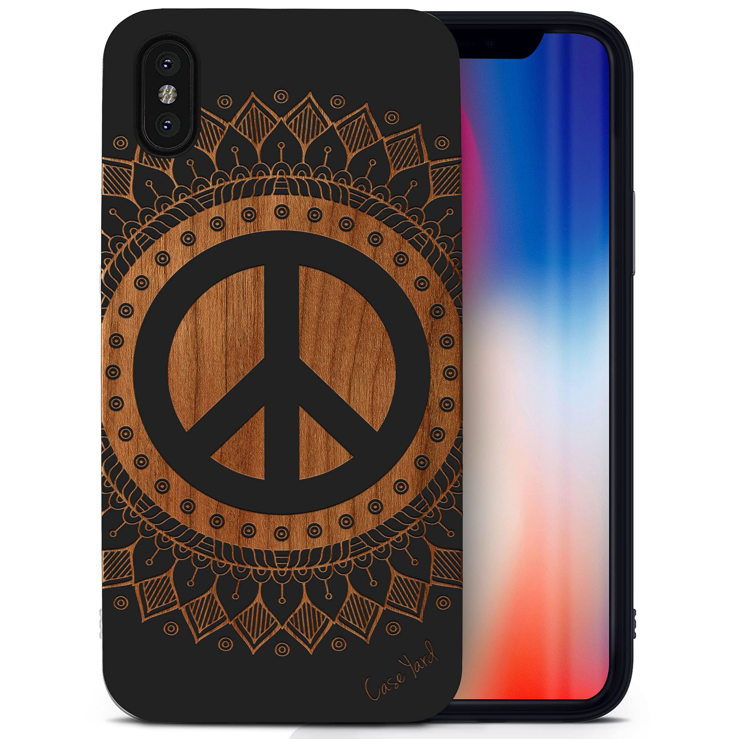 CaseYard Wooden Phone Case for iPhone X - Laser Engraved Peace Mandala Design in Black Wood | Shockproof & Slim Fit Protective Cover for Men & Women | Perfect for Yoga, Meditation & Nature Lovers