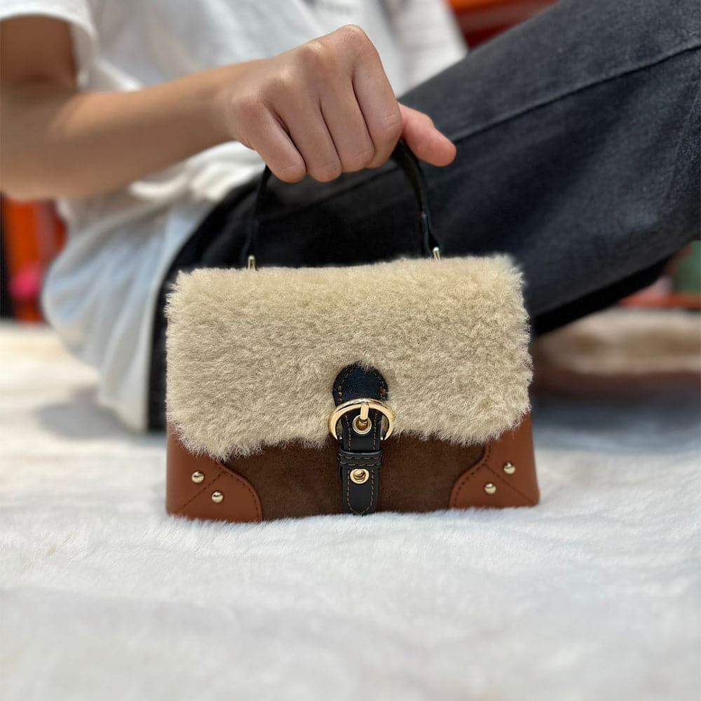 AG Collective Mini Elegant Fluffy Fleece Crossbody Bag with Top Handle & Retro Buckle - Stylish Women's Shoulder Purse for Casual Outings, Shopping & Date Nights