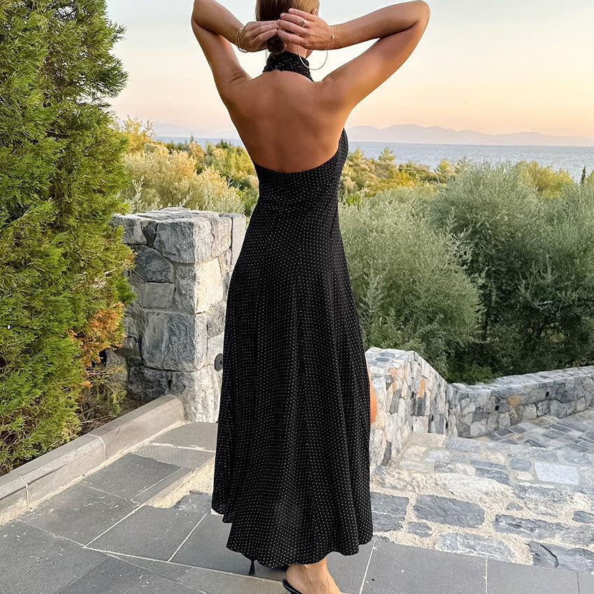 Sexy Polka Dot Backless Long Dress for Women - Side Split Evening Gown Spring Fashion 2025 | Perfect for Parties, Date Nights & Special Occasions