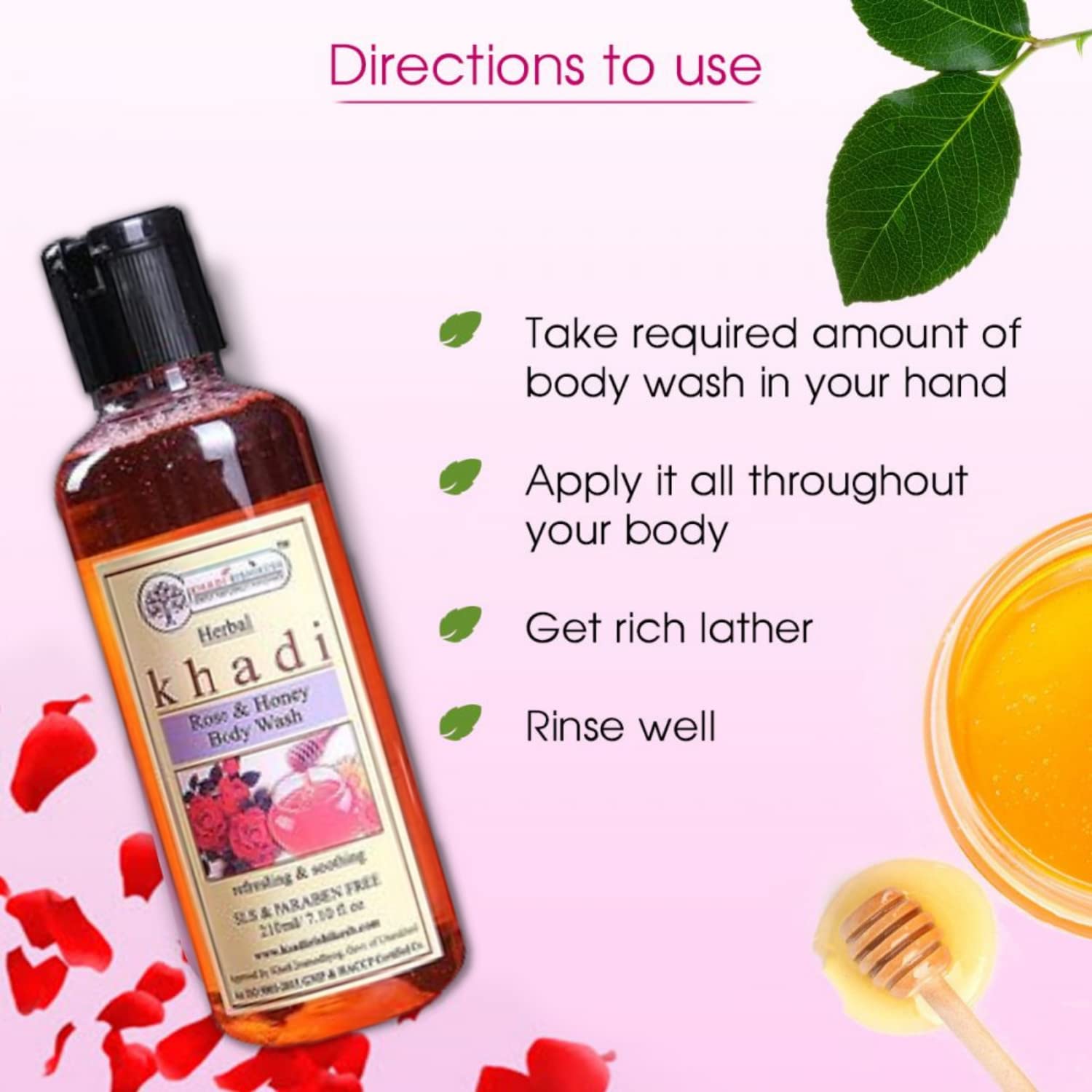 KHADI RISHIKESH Herbal Rose Honey Nourishing Body Wash with Rose Geranium Oil, Aloe Vera & Honey - 210ml for Soft, Smooth & Radiant Skin | Natural Essential Oils | Perfect for Daily Hydration & Aromatherapy Baths