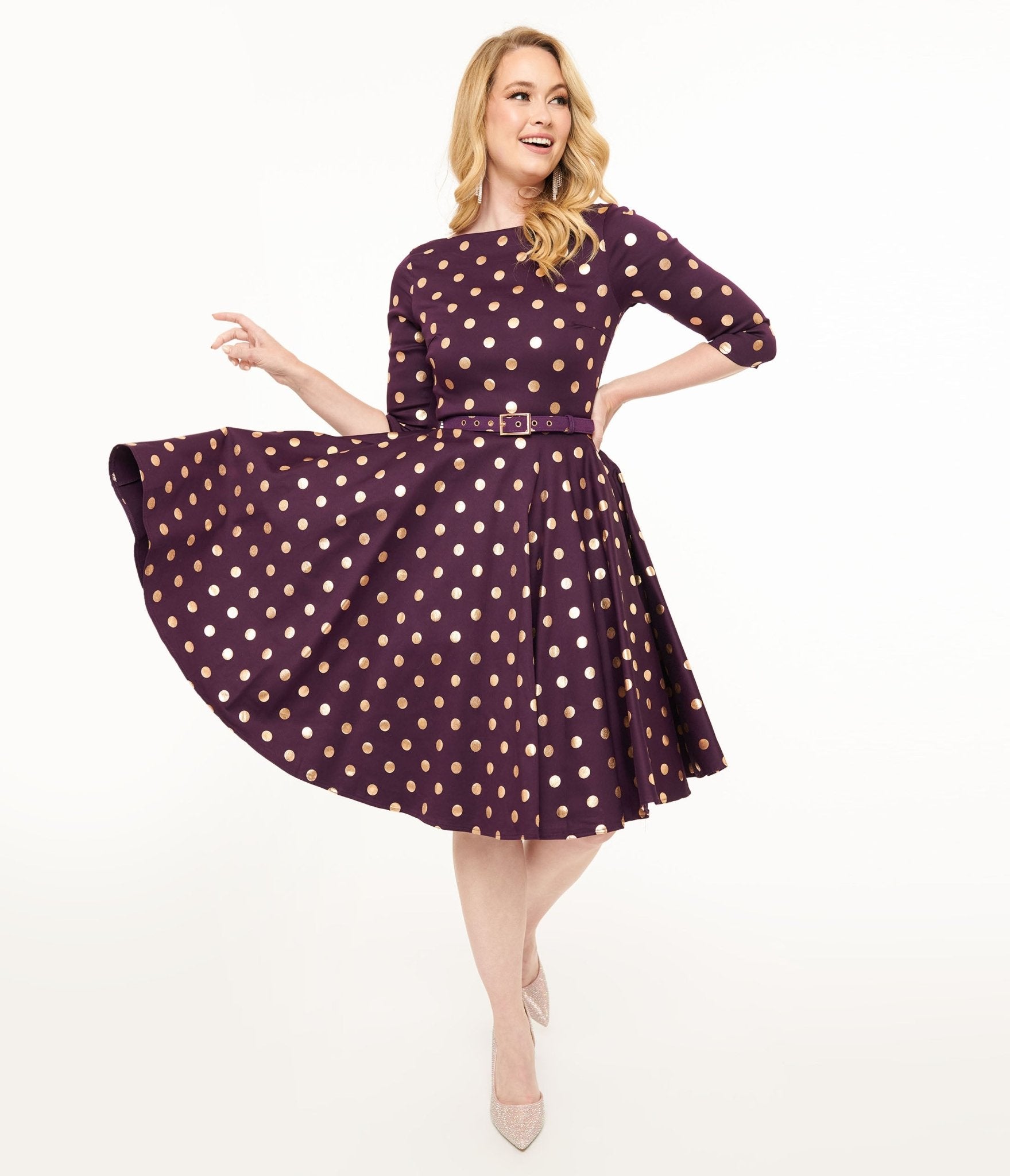 Vintage 1950s Eggplant Rose Foil Polka Dot Swing Dress - Retro Devon Style for Women | Perfect for Cocktail Parties, Tea Dances & 1950s Themed Events