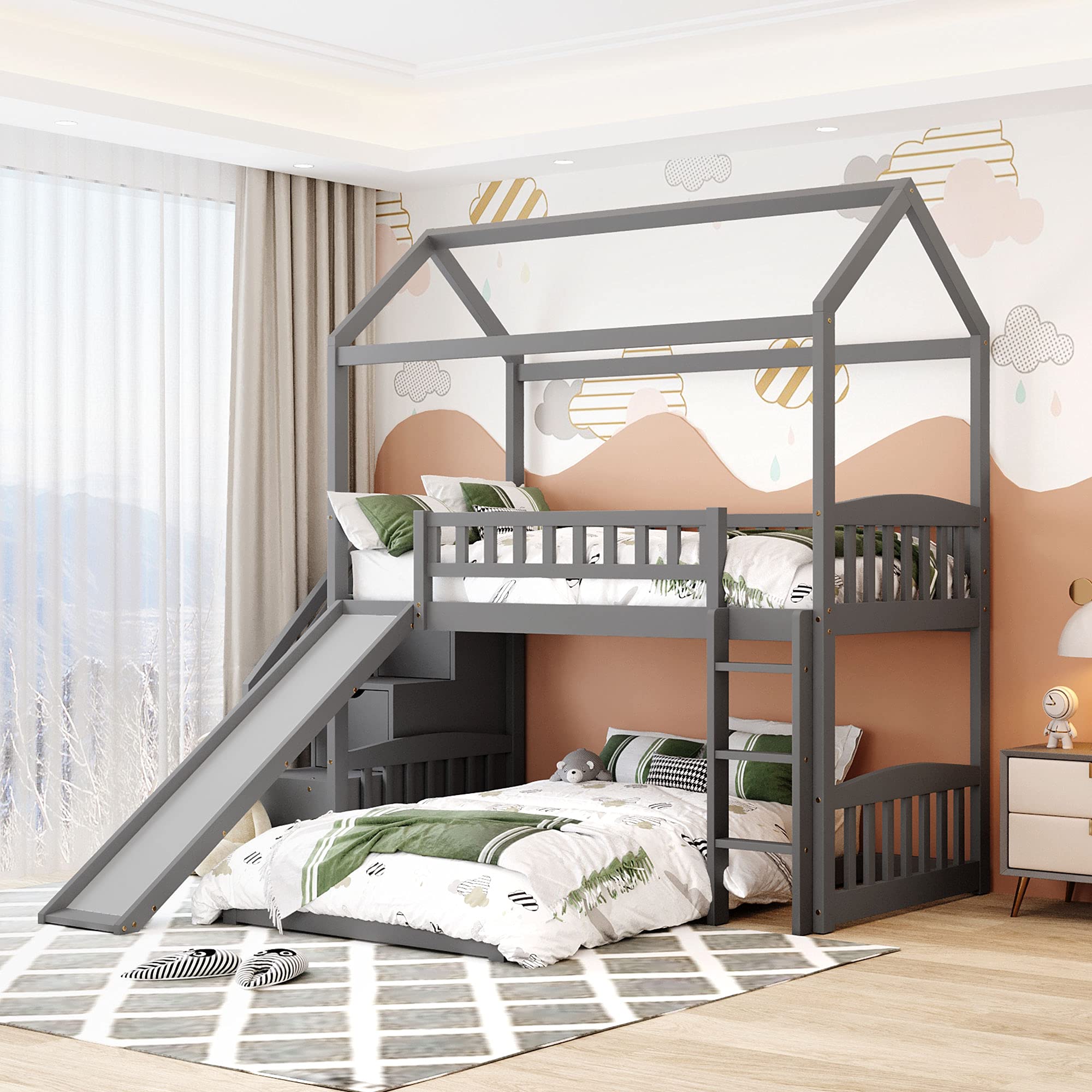 Twin Over Twin Bunk Bed with Slide & Safety Ladder - Kids & Teens House Bed Frame with 2 Storage Drawers - Space-Saving Stairway Bunk Bed for Small Bedrooms (Grey) - Perfect for Shared Kids' Rooms & Sleepovers