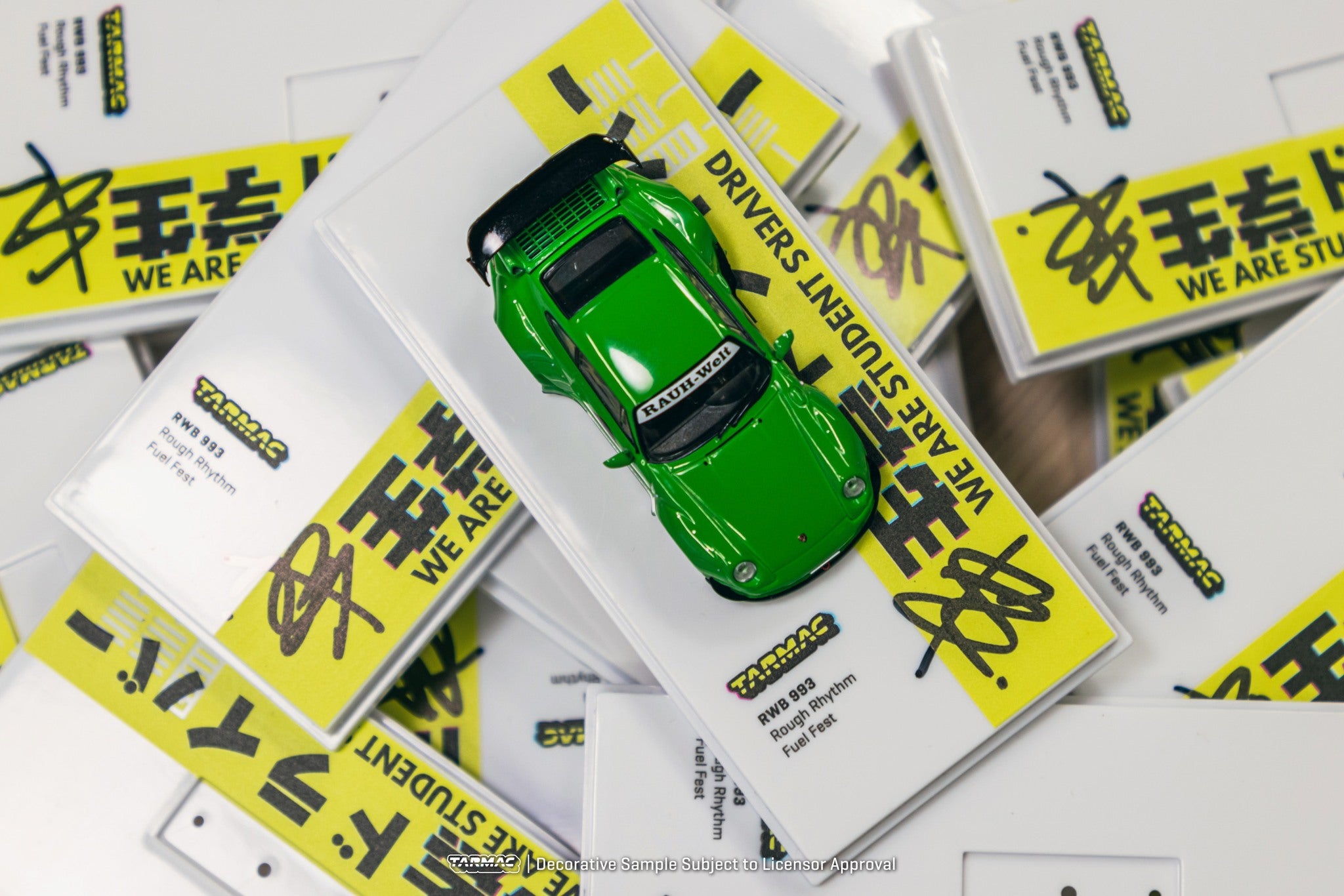 Tarmac Works 1/64 Scale Porsche 993 RWB Rough Rhythm Fuel Fest Student Driver Diecast Model Car - Green Collectible for Display, Racing Enthusiasts & Diecast Collectors