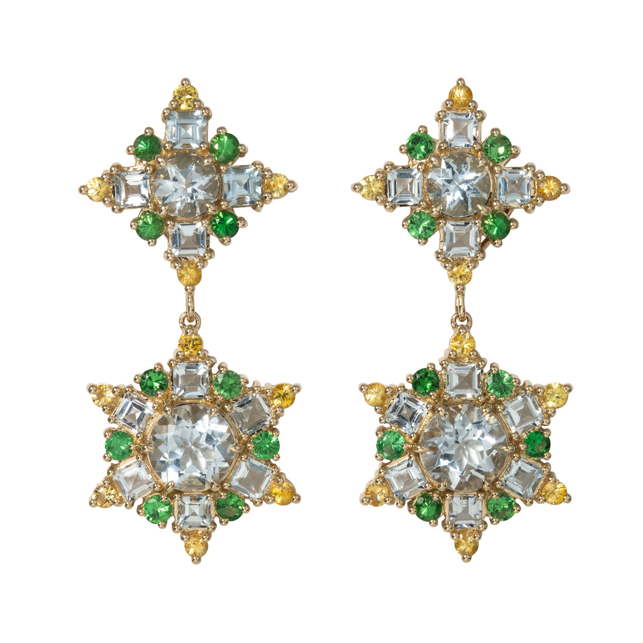 14K Gold Detachable Drop Earrings with Aquamarine, Tsavorite & Yellow Sapphire - Elegant Jewelry for Weddings, Parties & Special Occasions