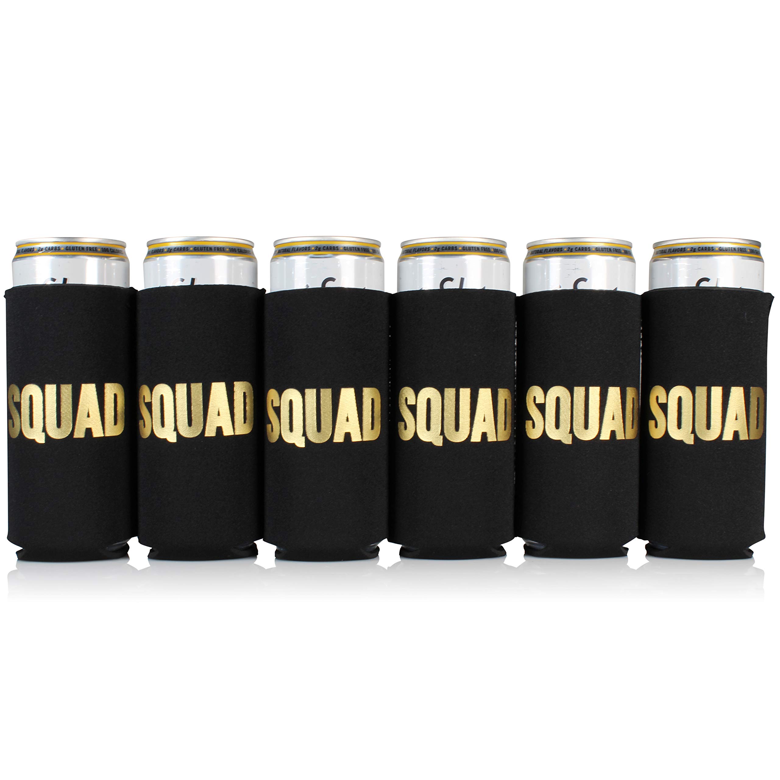 Bachelorette Party Decorations - Slim Can Coolers for Bridal Party (Black Squad, 6 Pack) - Perfect for Wedding Showers, Girls' Night & Bachelorette Events