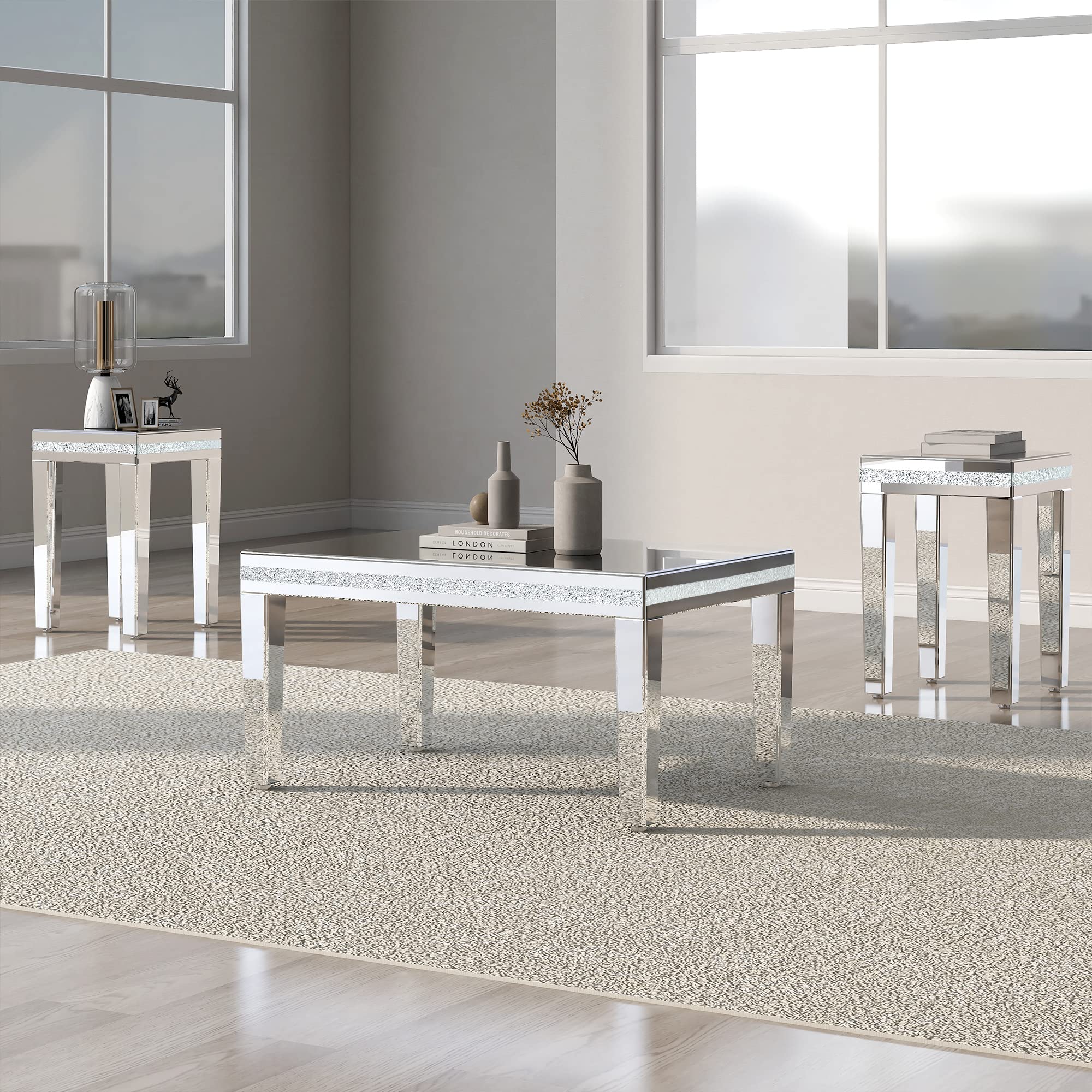 Merax Modern 3-Piece Mirrored Coffee Table Set with Crystal Design & Adjustable Legs - Silver Living Room Furniture for Reception, Lounge & Home Decor