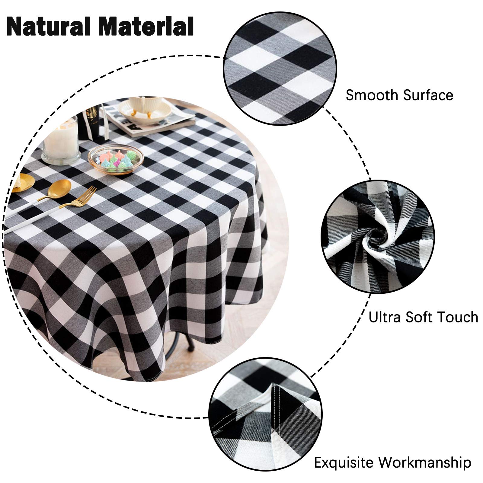 70 Inch White & Black Buffalo Plaid Round Tablecloth - Cotton Linen Checkered Table Cover for Farmhouse, Dining Room, Kitchen Decor | Perfect for Holiday Dinners, Rustic Weddings & Cozy Home Gatherings