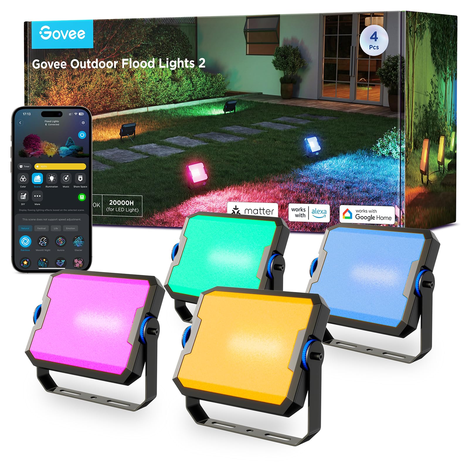 Govee Outdoor Flood Lights 2 Pack - RGBIC Color Changing LED Landscape Lighting with Warm/Cool White, 50 Scene Modes, IP66 Waterproof, App Control - Perfect for Garden, Patio, Yard, and Home Exterior Decorations