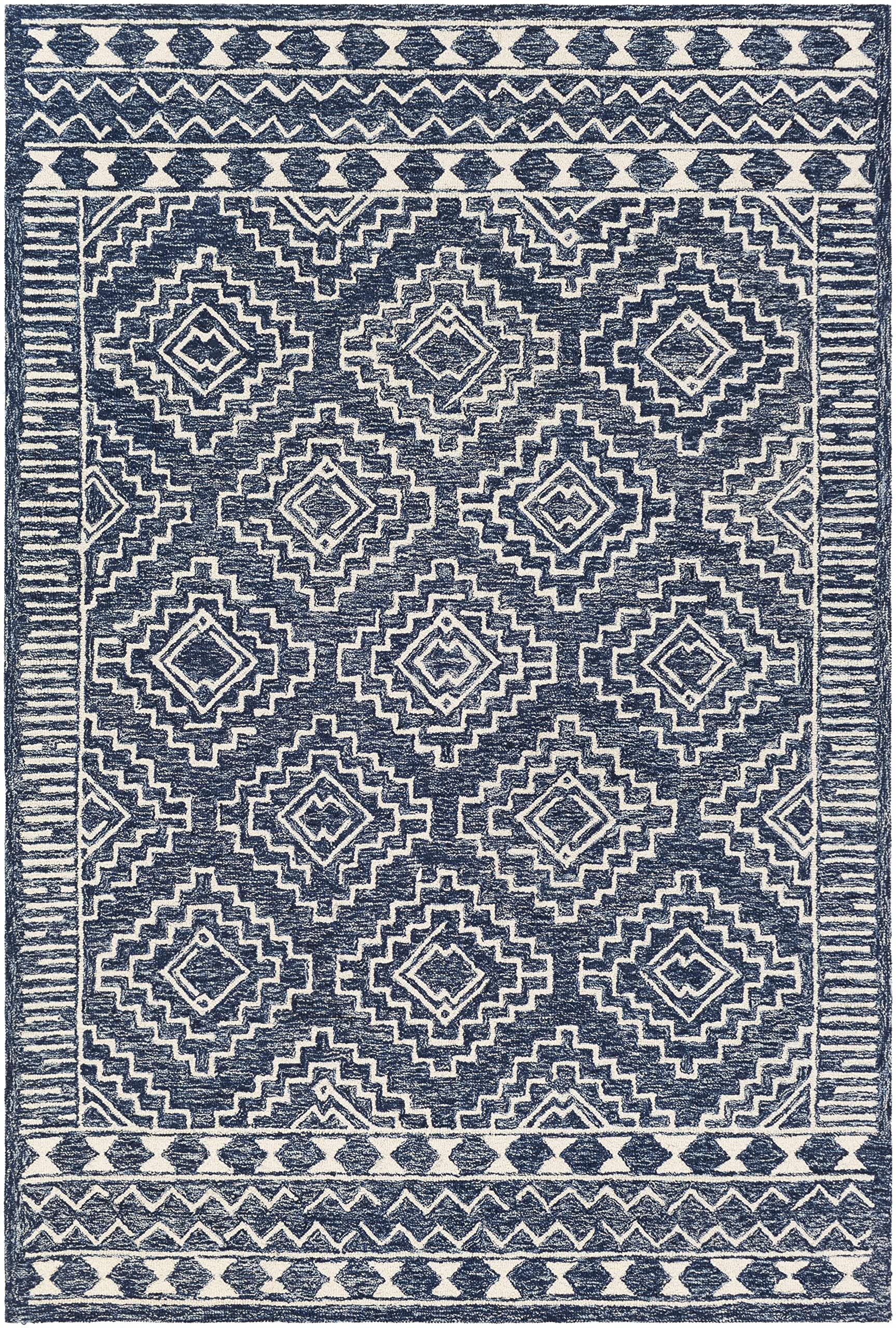Premium Horton Wool Area Rug for Living Room & Bedroom - Traditional Beige & Blue Design - 6' x 9' - Soft & Durable - Perfect for Cozy Home Decor & High-Traffic Areas