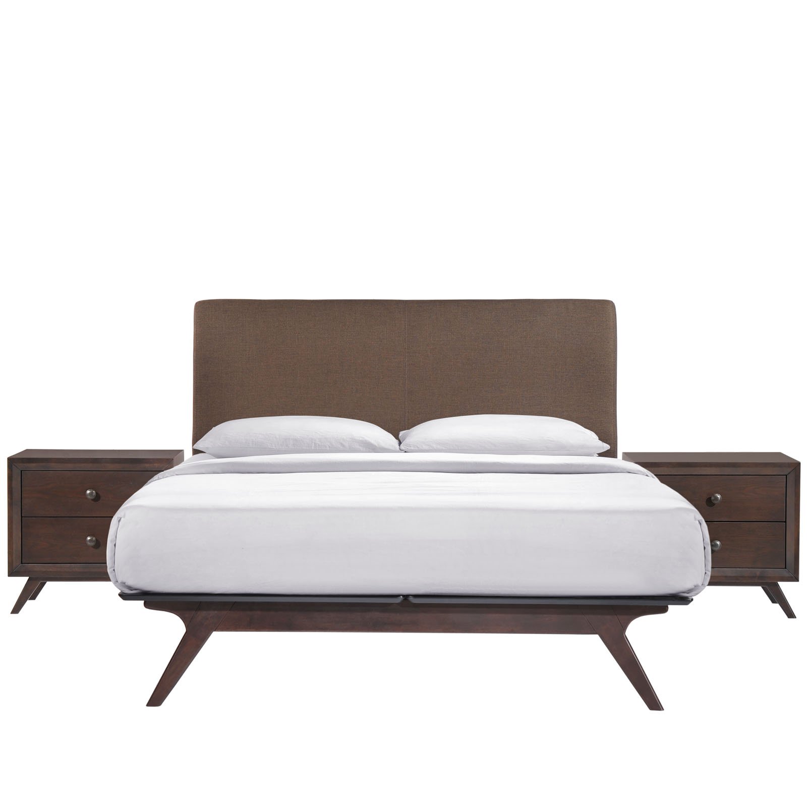 Modway Tracy Mid-Century Modern Wood Platform Queen Size Bed with Two Nightstands in Cappuccino Brown - Stylish Bedroom Furniture for Home Decor & Master Suite Upgrade