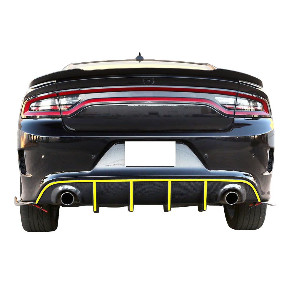 IKON MOTORSPORTS Bumper Lip Spoiler for 2015-2023 Dodge Charger SRT | Factory Style Rear Diffuser with Yellow Reflective Tape | Enhances Aerodynamics & Style for Street Racing & Car Shows