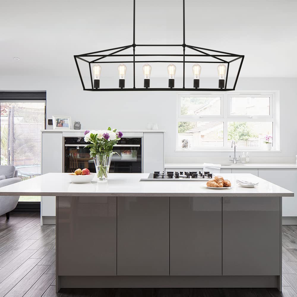 6-Light Black Kitchen Island Pendant Lighting Fixture - Modern Dining Room Chandelier for Living Room, Pool Table & Bar Counter - Perfect for Home Kitchen, Restaurant & Cafe Lighting Decor