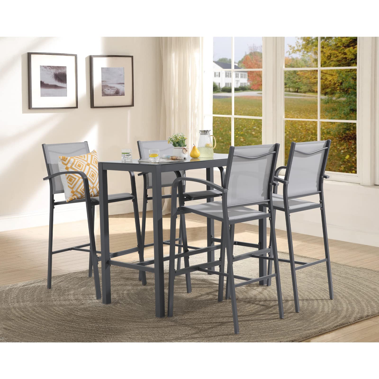 OC Orange-Casual 5-Piece Patio Bar Set - All-Weather Aluminum & Textile Fabric Outdoor High-Top Dining Table with 4 Metal Bar Stools & Glass Top Table - Dark Grey - Perfect for Porch, Garden, Backyard & Poolside Entertaining