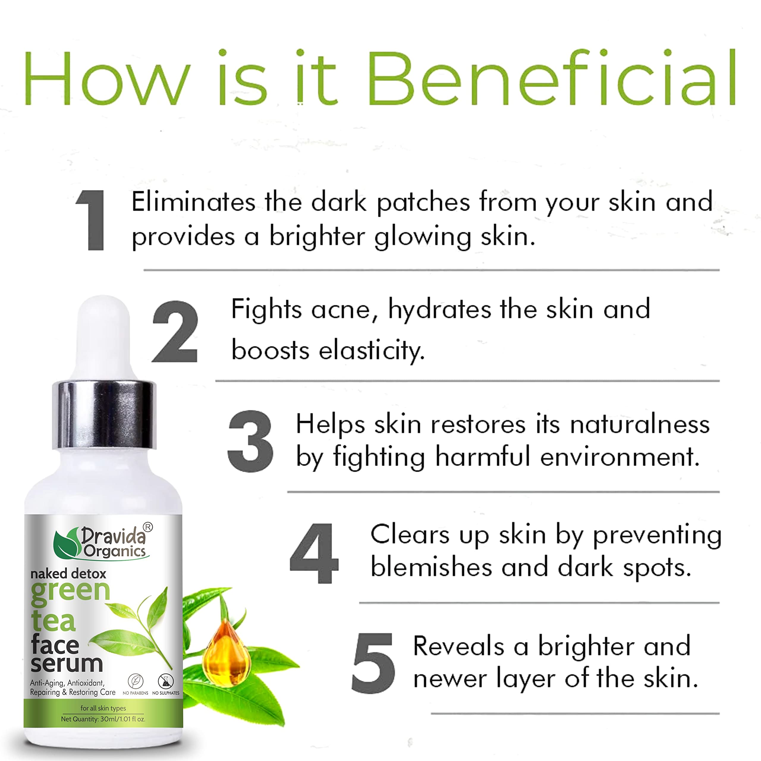 Dravida Organics Green Tea Face Serum - Anti-Aging, Antioxidant, Repair & Restore Skin Care (30ml) | Best for Daily Hydration, Wrinkle Reduction & Glowing Skin