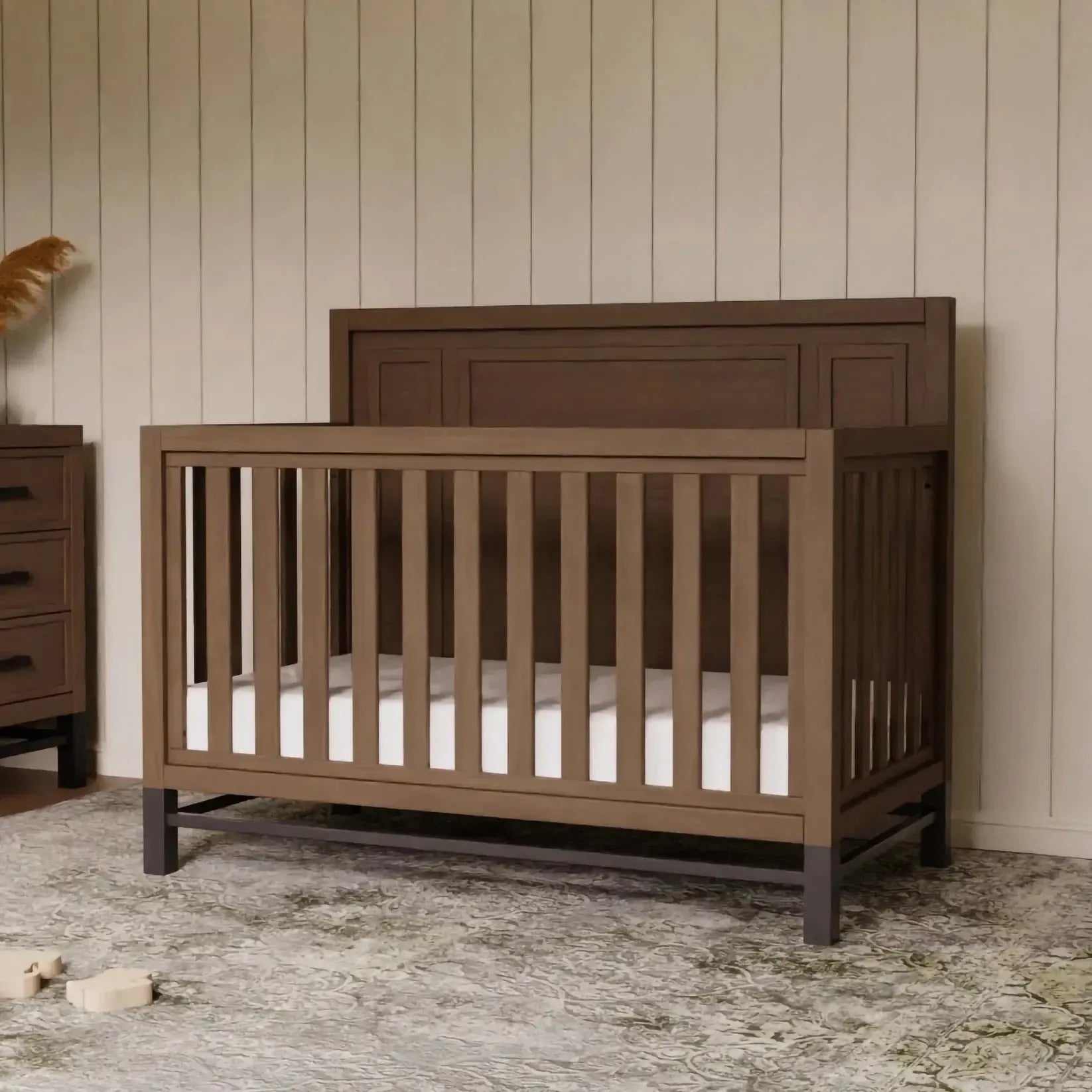 Monogram by Namesake Newbern 4-in-1 Convertible Crib in Driftwood Finish – Nursery Essential for Baby to Toddler Transition