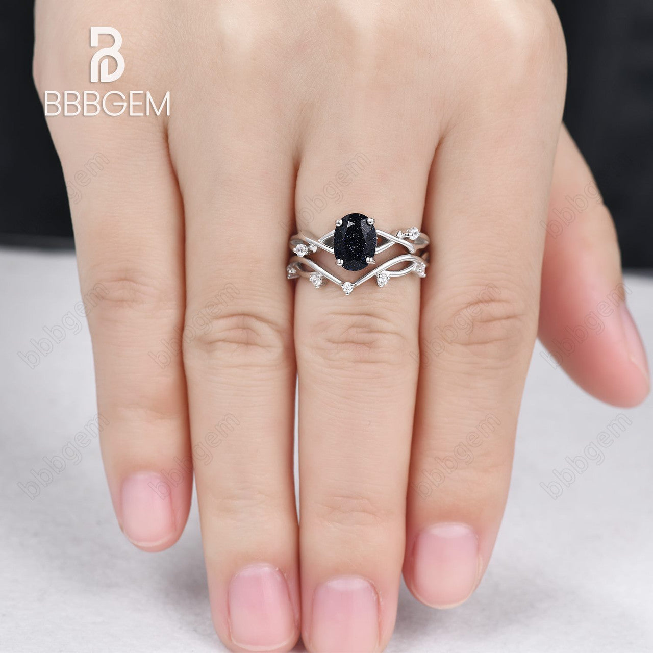 Oval Blue Sandstone Engagement Ring Set - 14K White Gold Solitaire Diamond Ring with Willow Twig Vine Design | Perfect for Proposals, Anniversaries & Wedding Jewelry