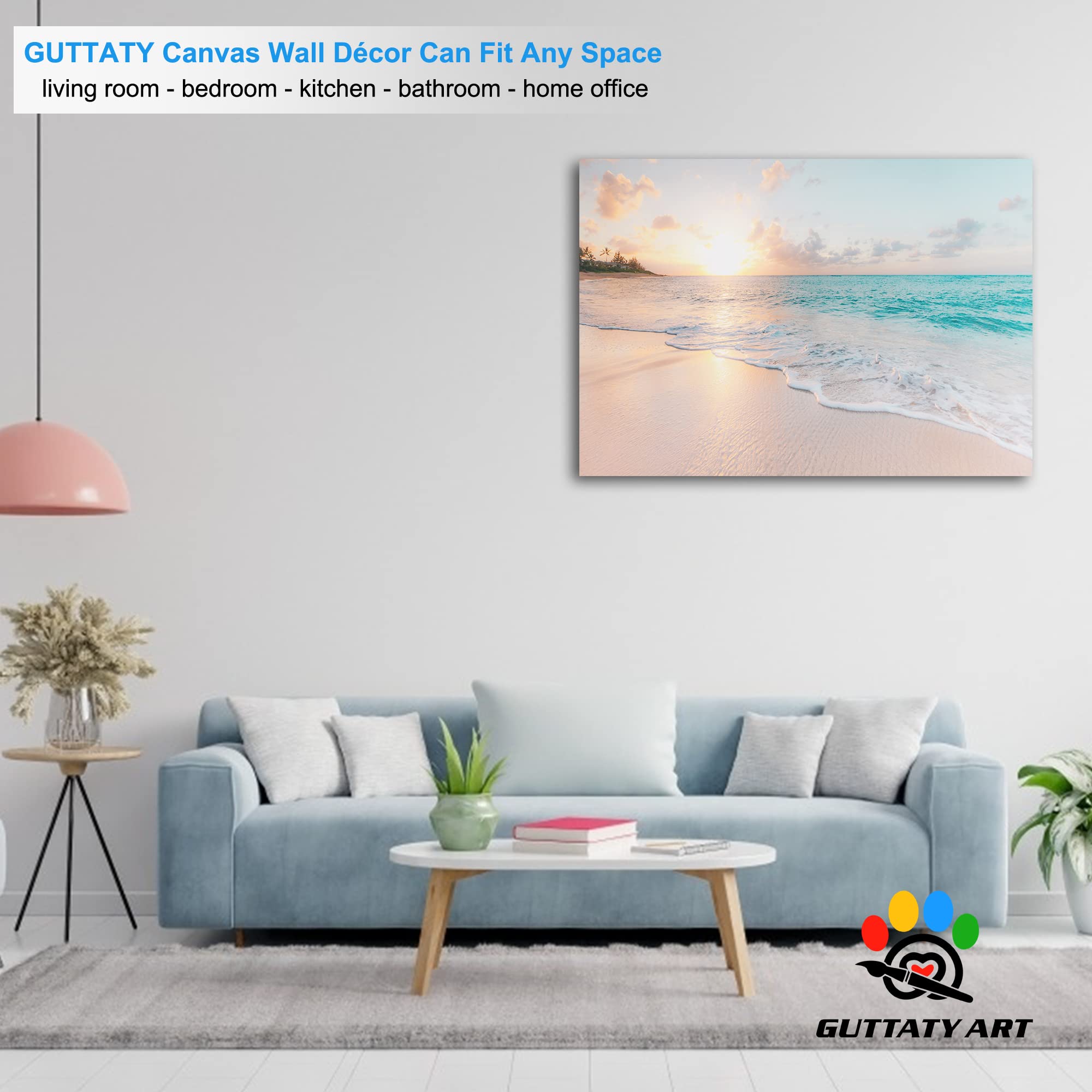 GUTTATY Large Sunrise and Beach Canvas Wall Art - Ocean Coastal Painting for Living Room Decor - Framed Seascape Canvas Print (28x40 Inches) - Perfect for Beach House, Bedroom, or Office Wall Decoration