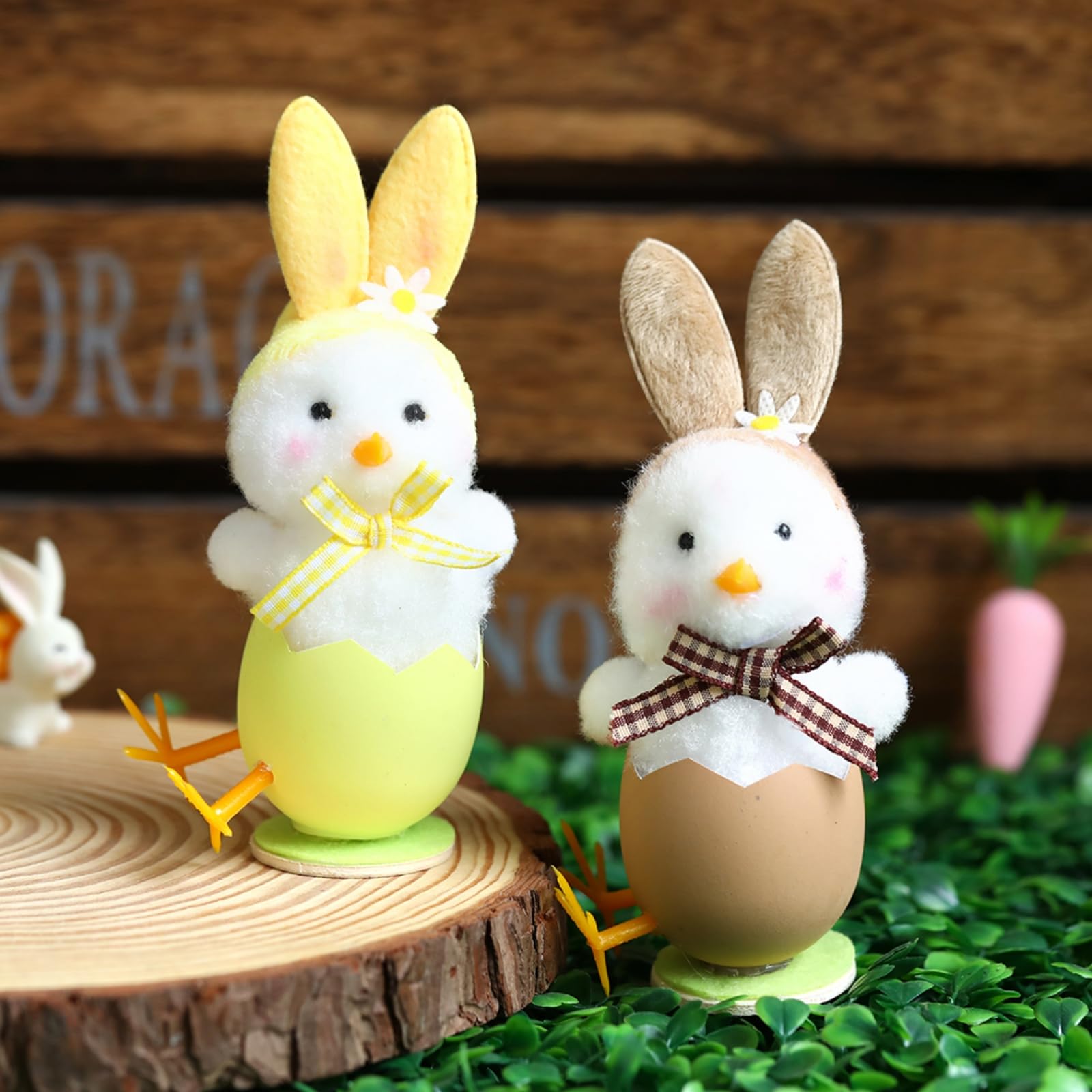 4-Pack Cute Plush Easter Chick Figurines with Bunny Ears - Spring Home Decor, Farm Chicken Theme Party Supplies for Easter Celebrations, Egg Hunts & Seasonal Table Centerpieces