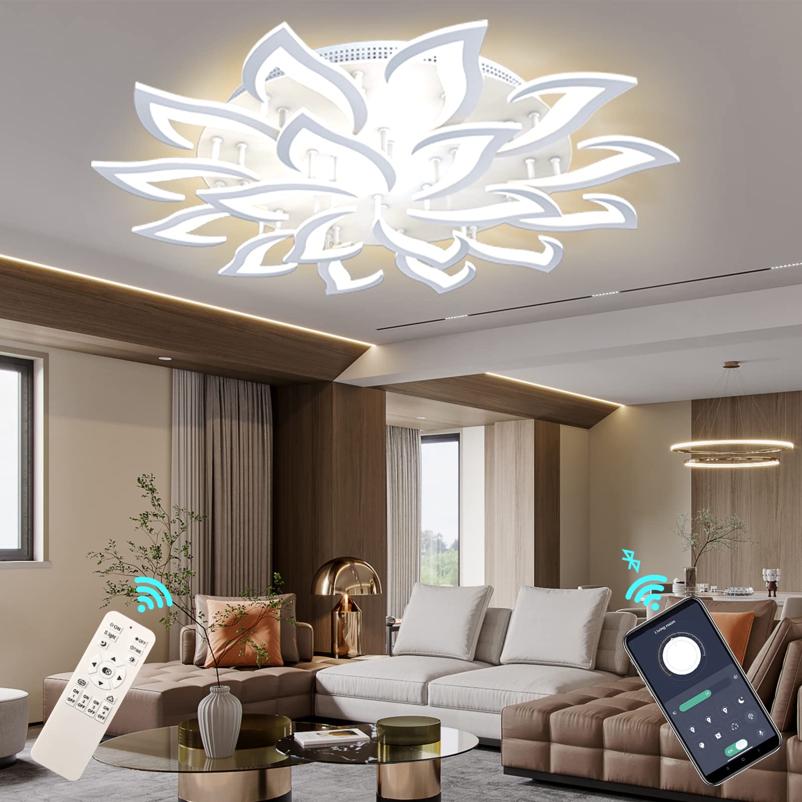 KINDLOV Modern Dimmable LED Ceiling Light - 120W Petal Chandelier Flush Mount Fixture with Remote Control | Energy-Efficient Lighting for Living Room, Bedroom & Dining Room | Perfect for Home Decor & Ambient Lighting