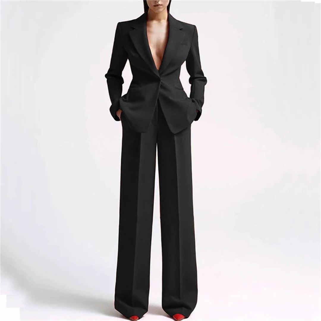 Women's V-Neck Blazer and Wide Leg Pants Set - Professional Office Wear & Business Casual Outfit for Work, Meetings, and Formal Events