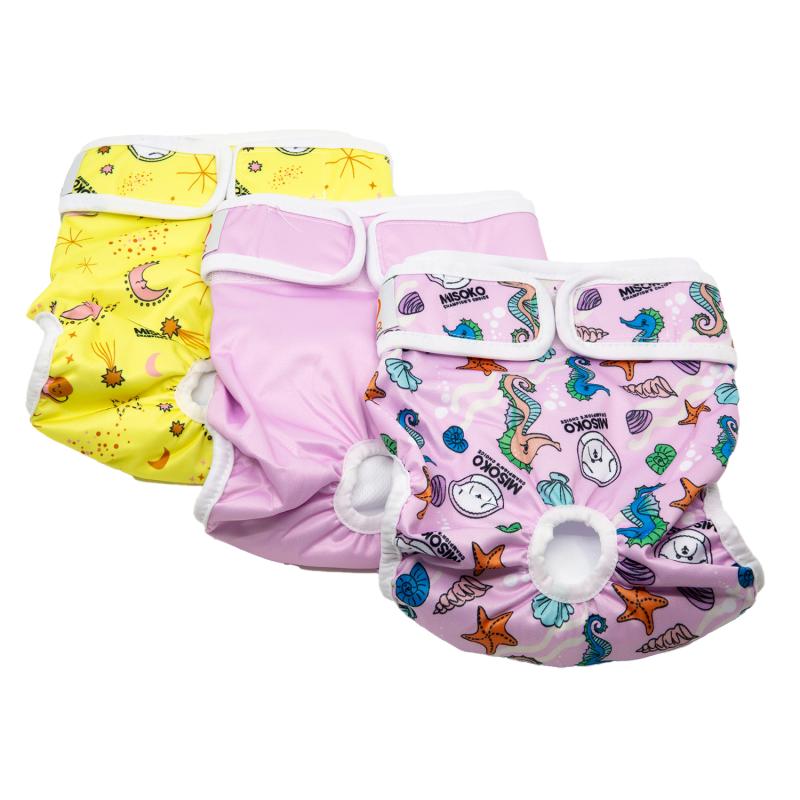 Misoko Washable Reusable Dog Diapers for Female Dogs - 3 Pack, Fantasy Print - Soft & Absorbent Pet Diapers for Incontinence, Heat Cycles & Training - Perfect for Small to Medium Dogs at Home or Travel