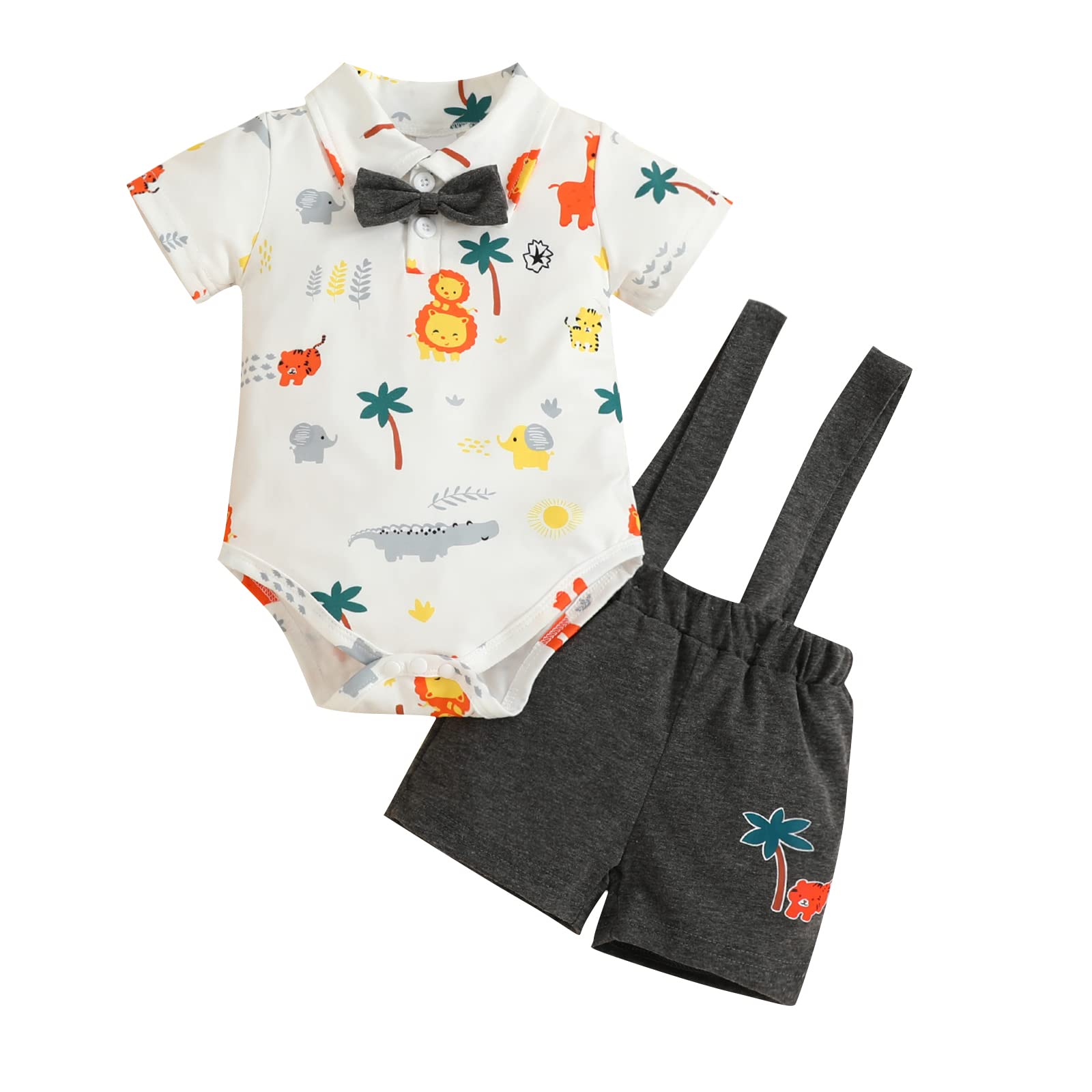 Dinosaur Print Baby Boy Summer Outfit - Short Sleeve Tops & Suspender Shorts Set | Cute Infant Dino Clothes for Playtime, Daycare & Outdoor Adventures
