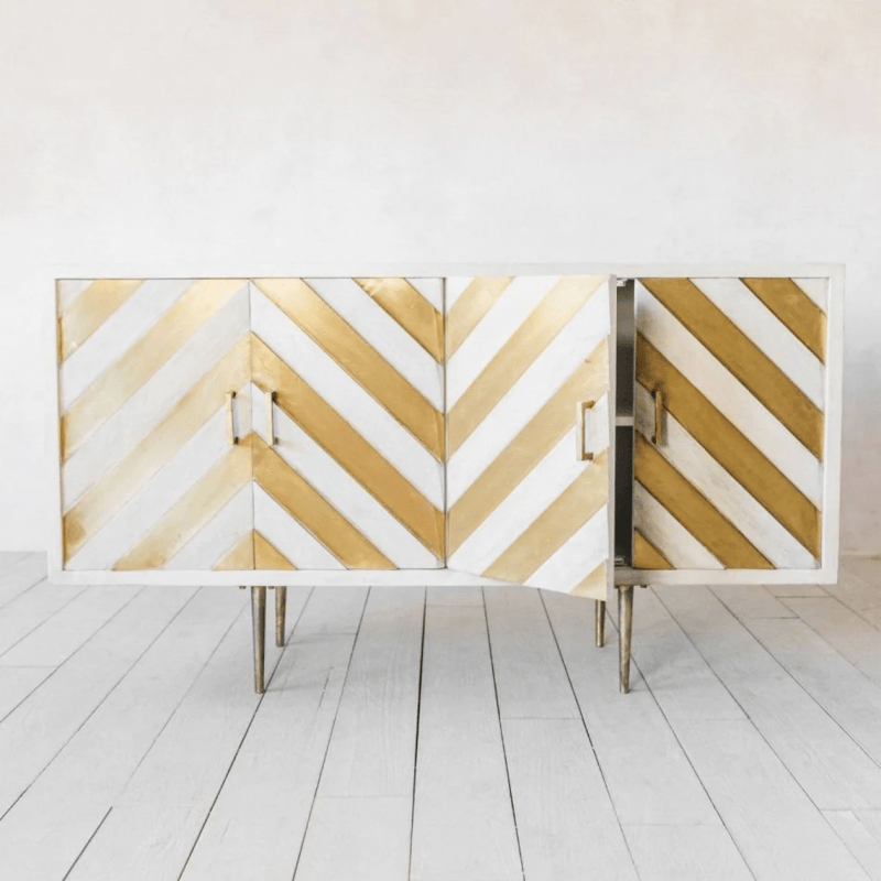 Handmade Brass Embossed Sideboard Buffet Table - Chevron Pattern in Gold & White | Elegant Dining Room Storage & Display Furniture for Home Decor