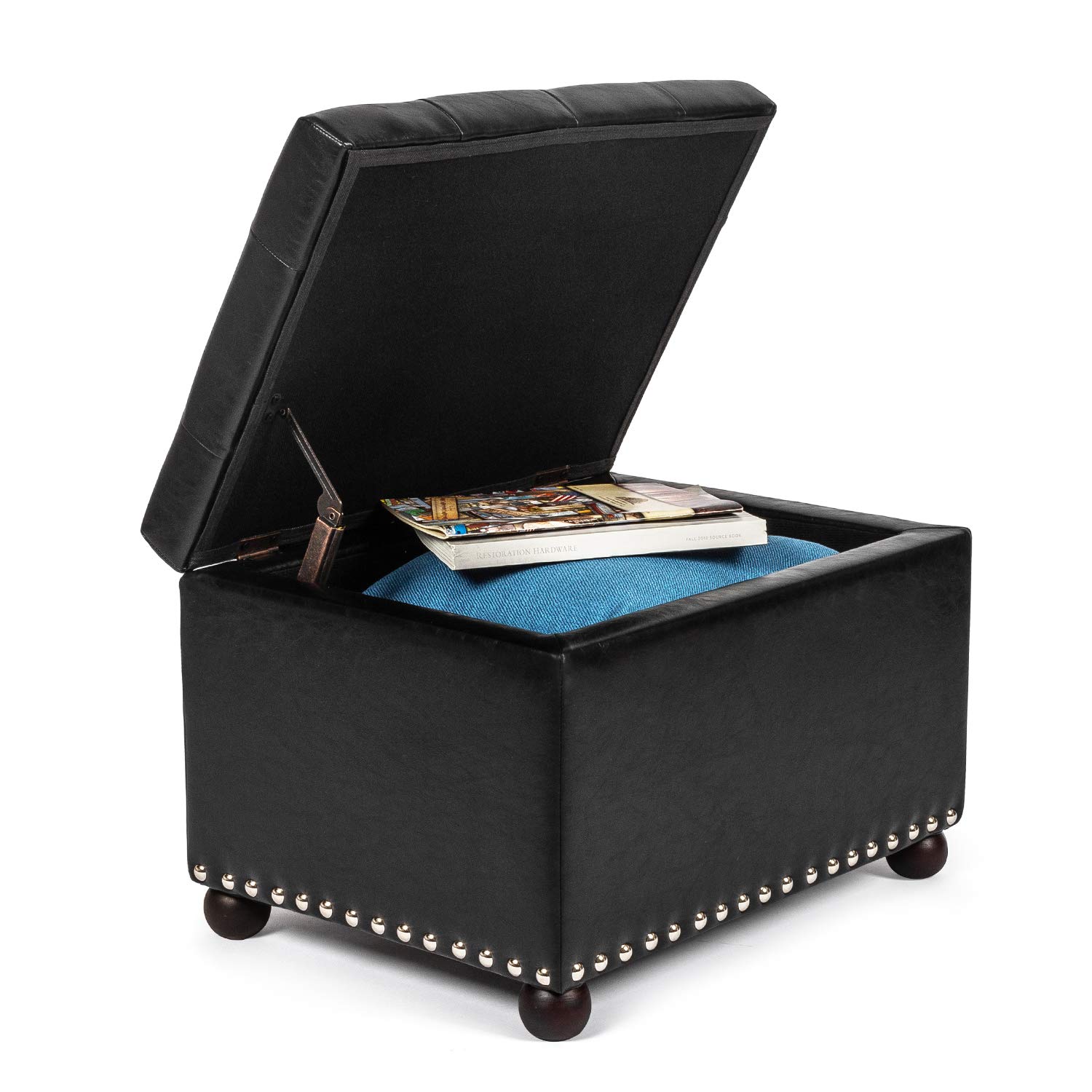 Black Rectangular Faux Leather Storage Ottoman with Nailhead Trim & Sturdy Wood Frame - Footrest, Coffee Table & Hidden Storage for Living Room, Bedroom or Office