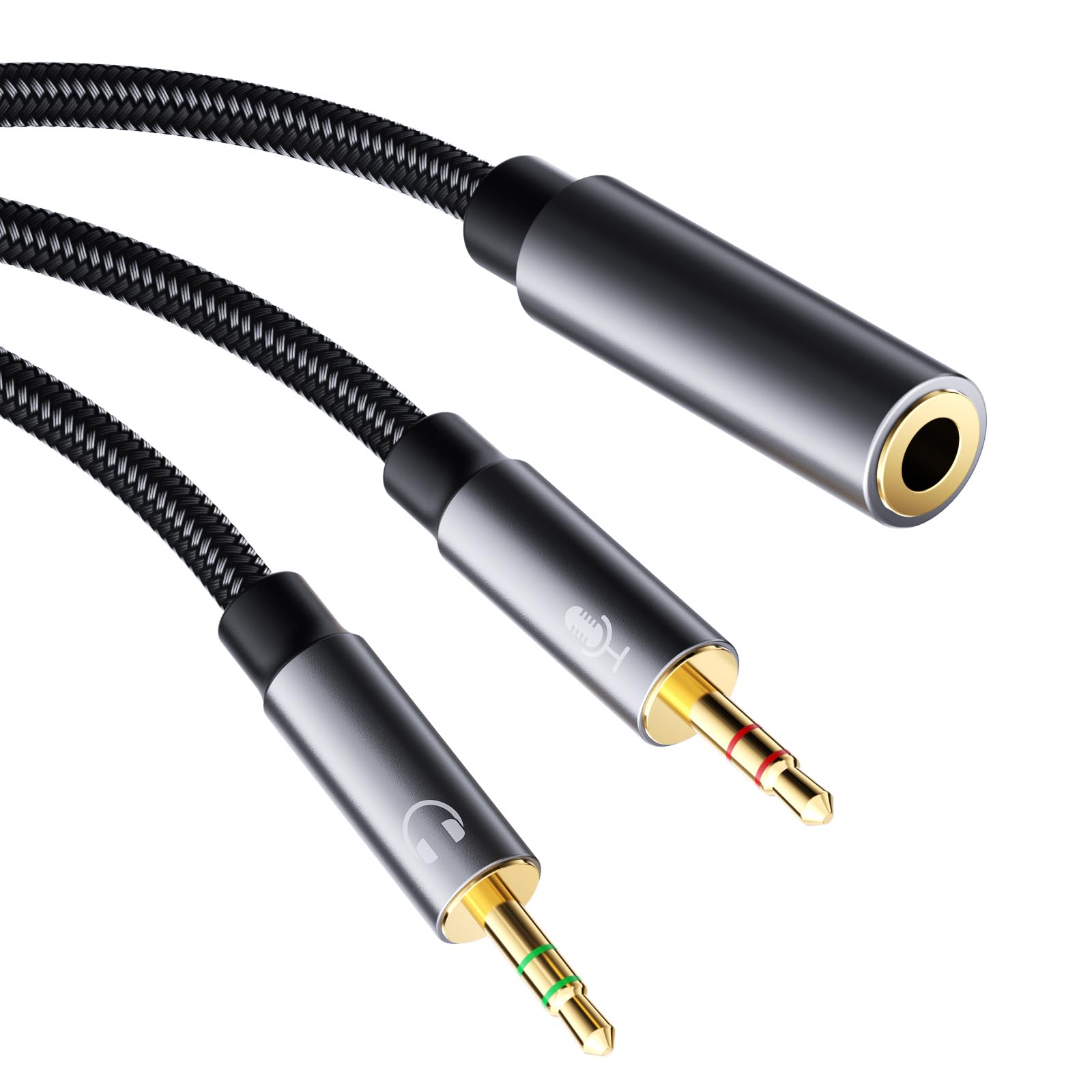 SOOMFON 3.5mm Headphone Mic Splitter - Aux Female to 2 Male Dual Jack Adapter - 24K Gold-Plated Stereo Audio Splitter for Gaming Headset, Earphone, Laptop, PS4 - 2-Way Sharing for Music, Movies & Gaming (30cm/1ft)