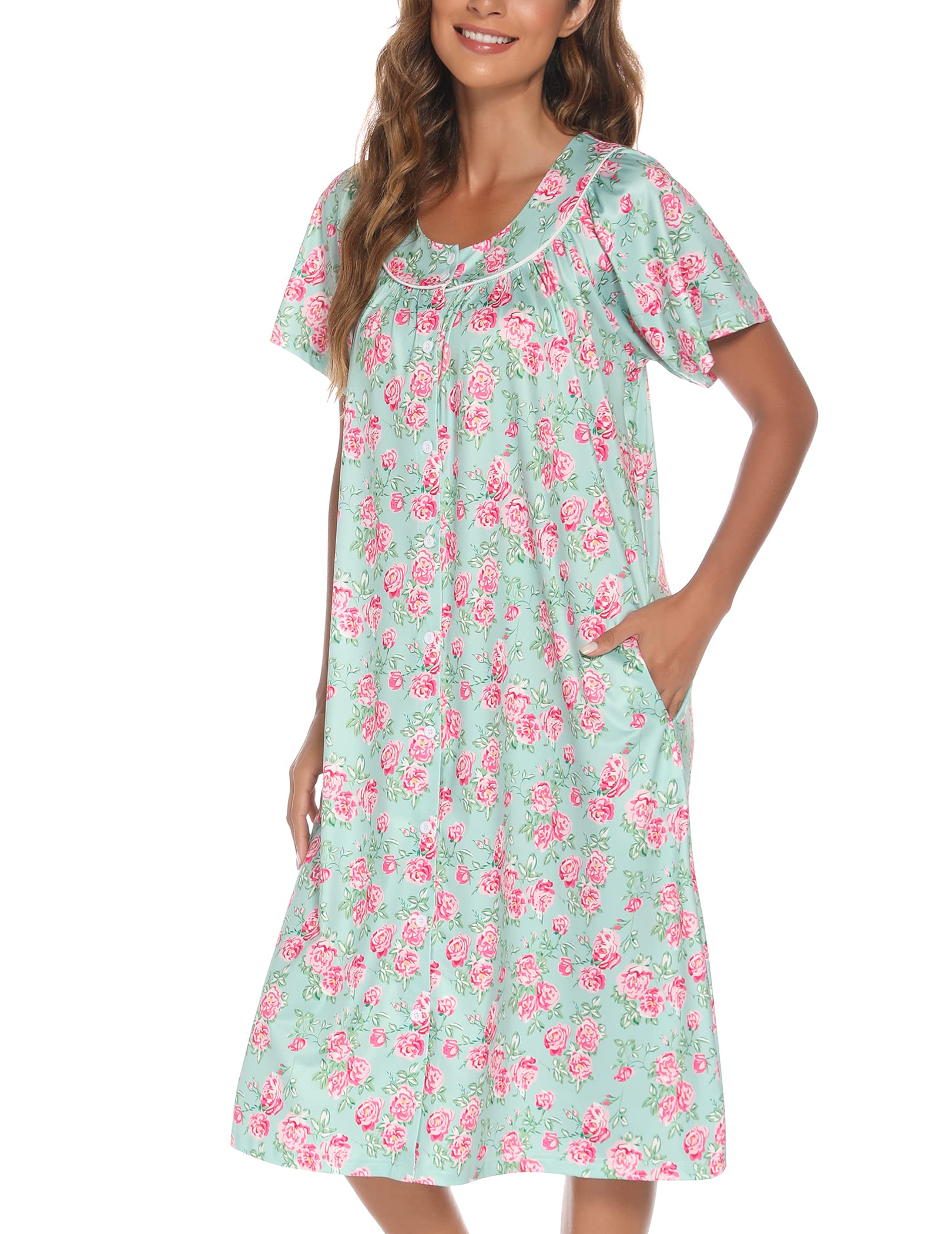 YOZLY Women's Short Sleeve House Dress - Comfortable Mumu Duster Robe with Pockets | Perfect for Lounging at Home, Running Errands & Maternity Wear