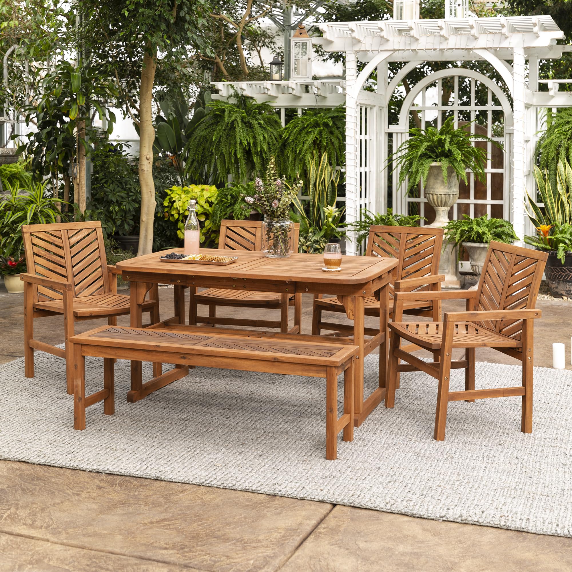 Walker Edison 7-Piece Outdoor Wood Chevron Patio Dining Set - Extendable Table, 4 Chairs & Bench - All-Weather Brown Furniture for Backyard, Garden, Poolside, Balcony - Perfect for Outdoor Entertaining & Family Gatherings