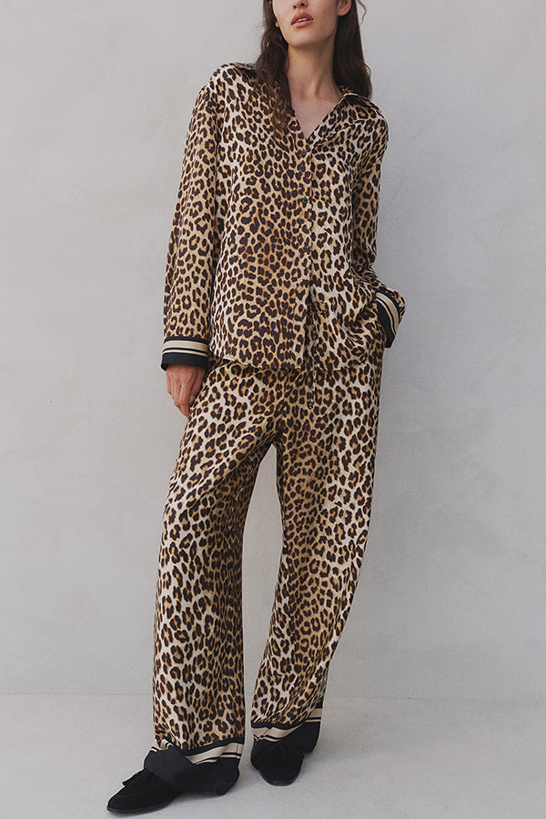Stylish Printed Lapel Long Sleeve Blouse with Elastic Waist Casual Pants Set - Women's Loose Fit Wide Leg Trousers & Pocket Details for Office, Travel and Everyday Wear