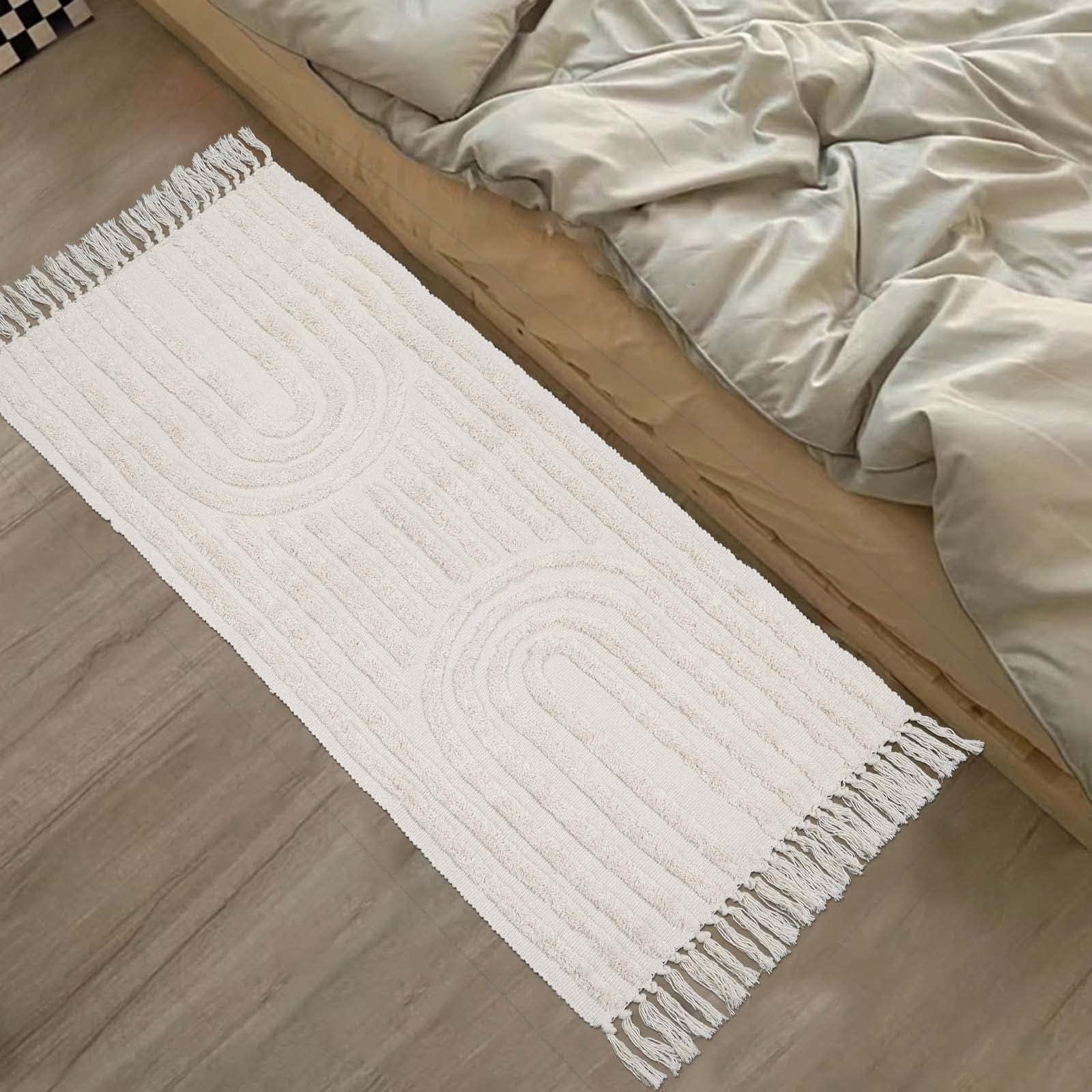 LEEVAN Bohemian Kitchen Runner Rug 2'x4' - Cotton Blend Washable Farmhouse Rug with Tassels, Beige Rainbow Stripes - Perfect for Laundry Room, Bathroom, Bedroom, Hallway & Kitchen Sink Area - Non-Slip Boho Decor Rug for Home & Office