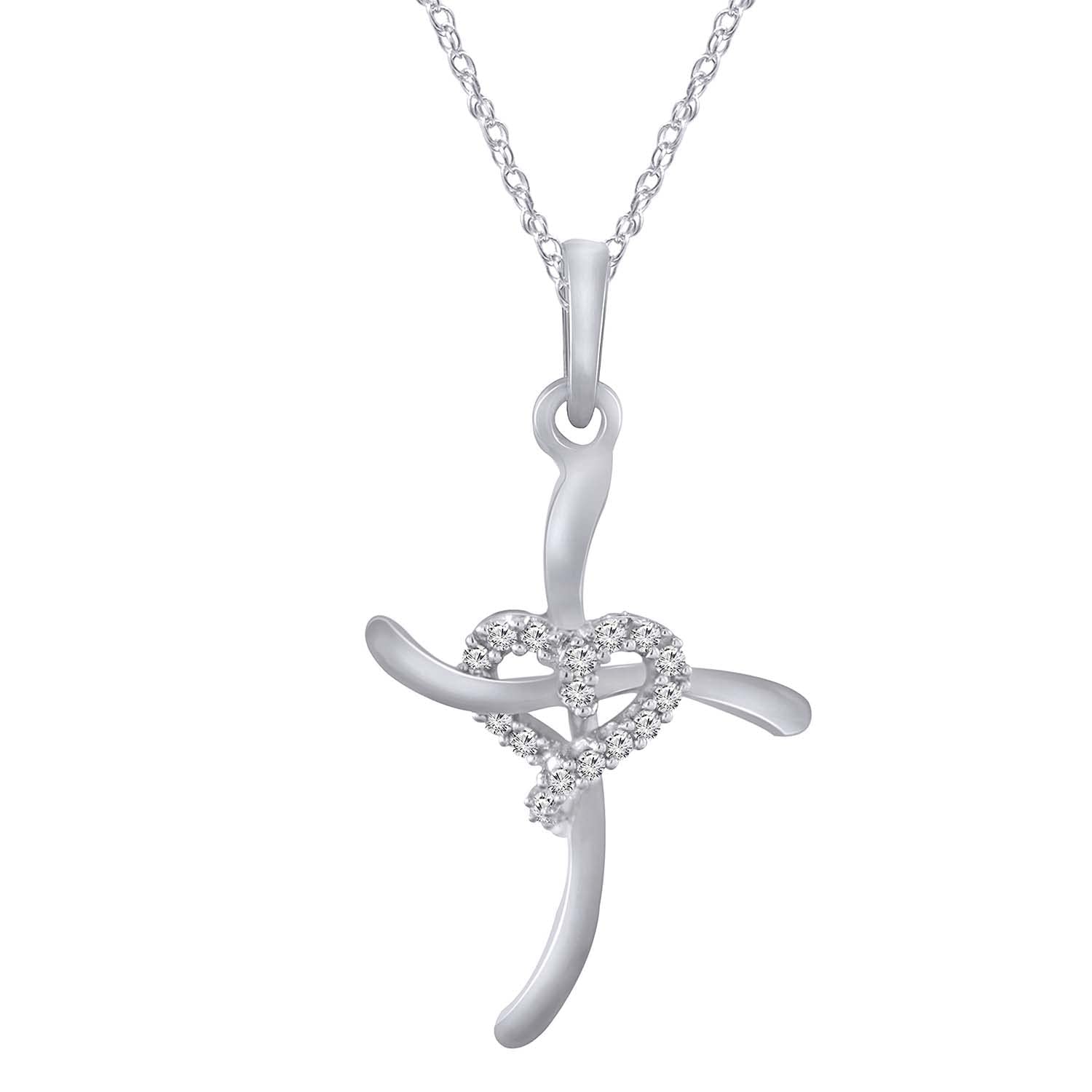 14K White Gold Plated 925 Sterling Silver Round White Diamond Religious Cross Pendant Necklace for Women - Perfect Birthday & Christmas Gift with 18