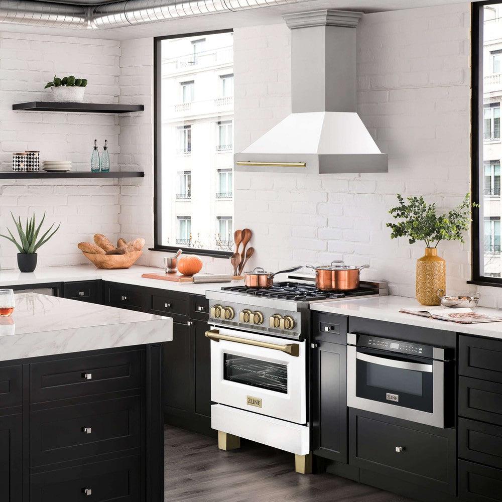 ZLINE Autograph Edition 30 Inch Stainless Steel Range Hood with White Matte Shell & Accent Handle (8654STZ WM30) - Modern Kitchen Ventilation for Home Chefs