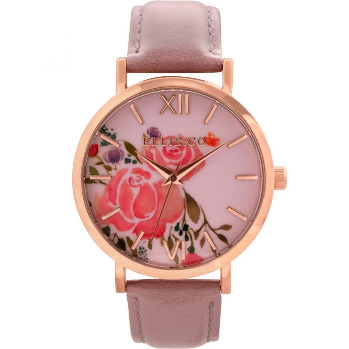 Ellis & Co Women's Watch - Elegant Holly Floral Dial with Rose Leather Band - Perfect for Casual Wear, Office & Special Occasions