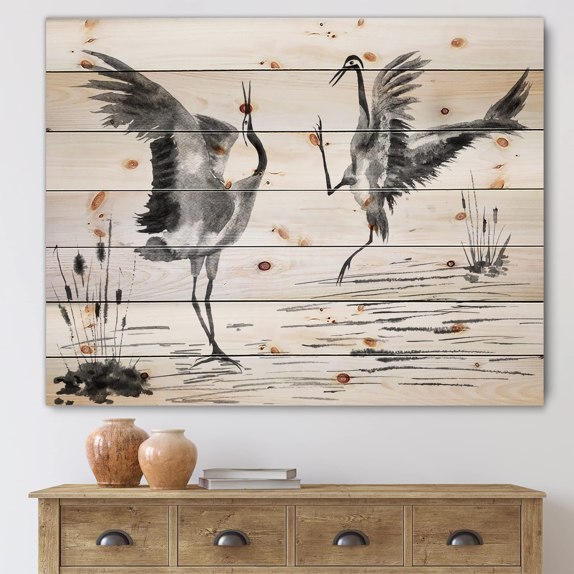 DesignQ Traditional Japanese Cranes Wood Wall Art - Handcrafted Grey Pine Wood Panel Decor with Two Enamored Birds for Living Room, Bedroom & Office