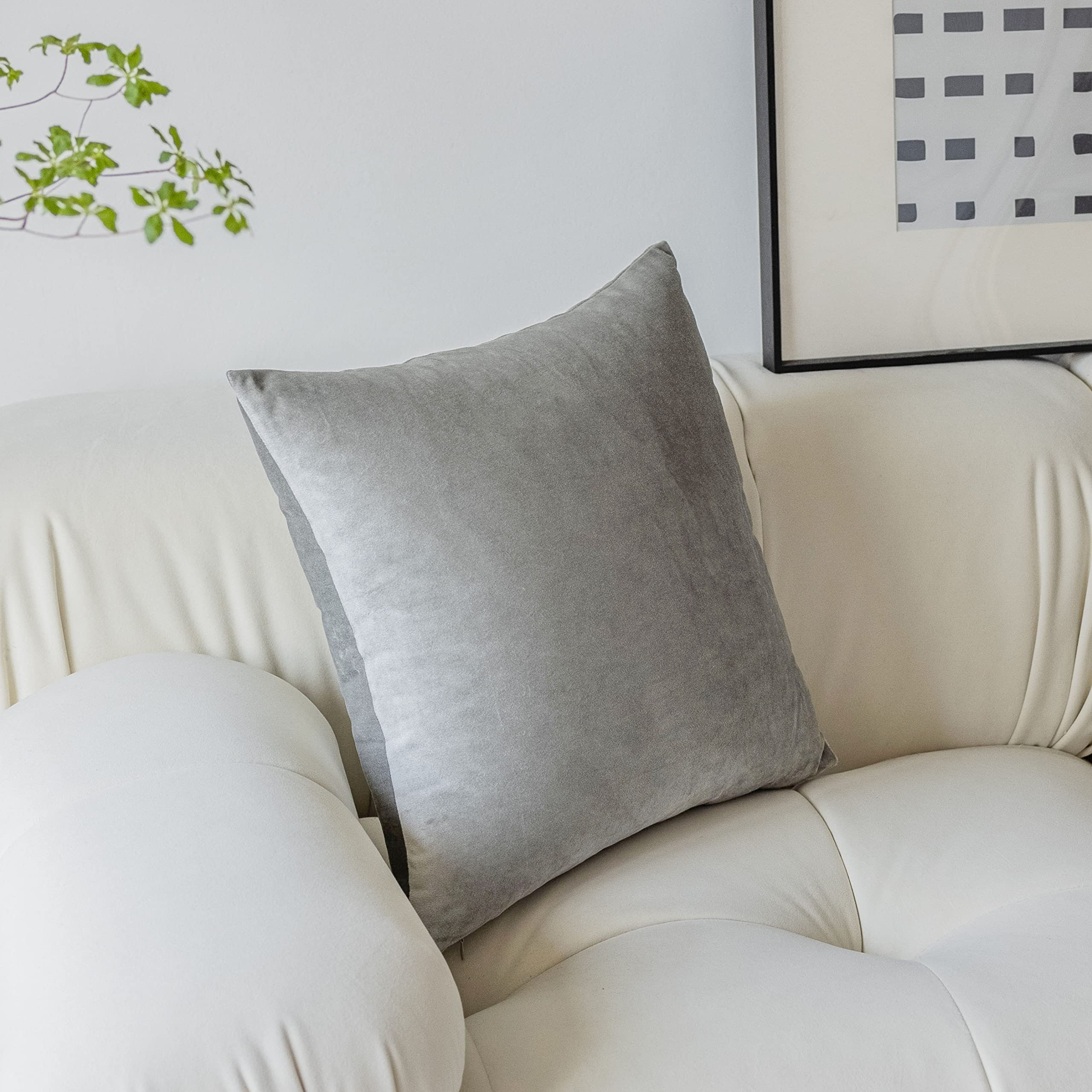 Demetex Grey Velvet Throw Pillow Covers 18x18 Inch - Super Soft Square Decorative Pillow Cases for Sofa, Bed, Bench - Set of 2 Plush Cushion Covers - Home Decor, Living Room, Patio & Balcony Use