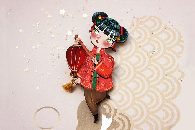 Laliblue Chinese Girl Lantern Brooch - Vintage Asian Inspired Jewelry for Women, Girls - Perfect for Festivals, Parties, and Cultural Events