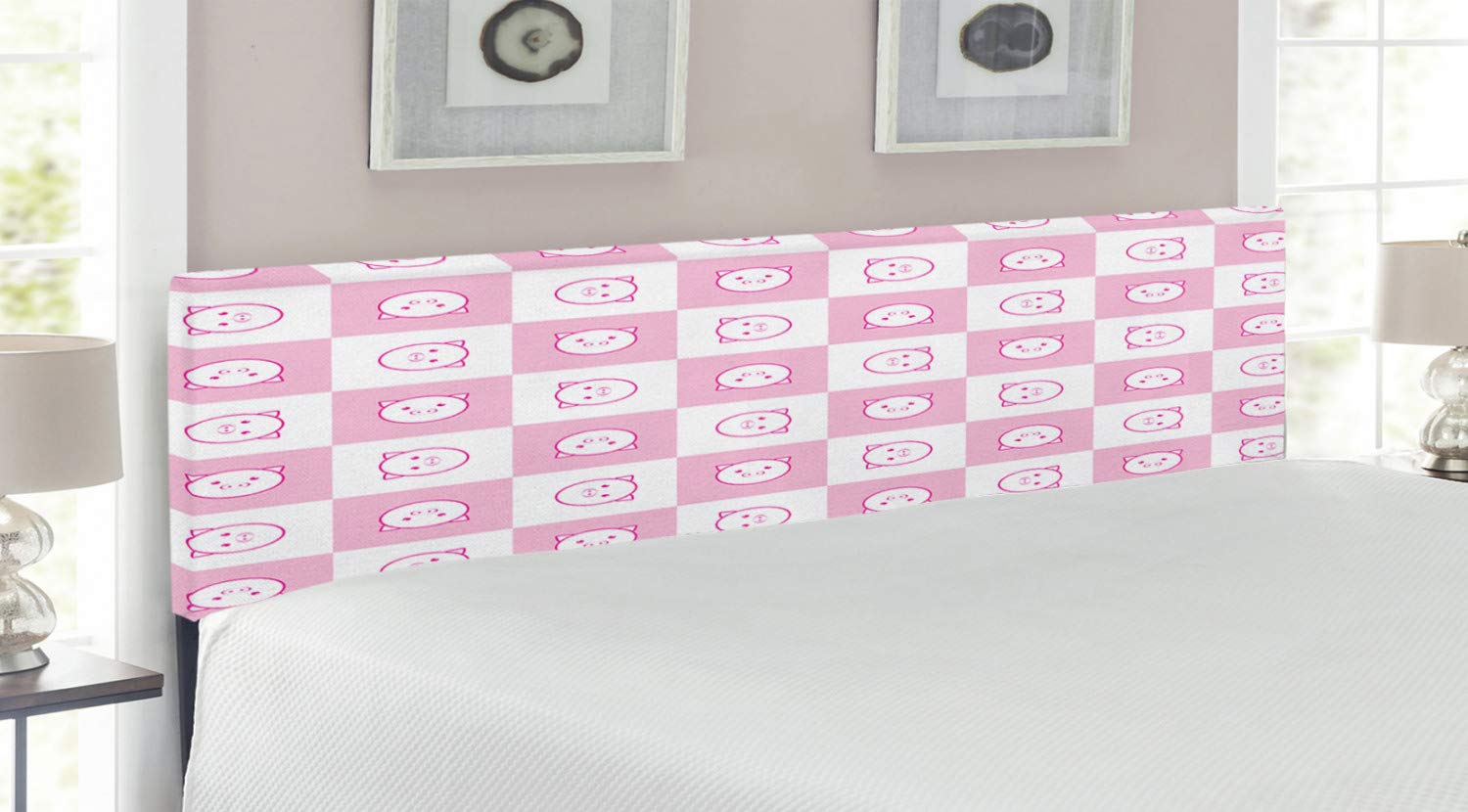 Ambesonne Checkered King Size Upholstered Headboard with Memory Foam - Funny Happy Piggy Faces Design for Girls Bedroom Decor | Perfect for Kids Room, Nursery & Teen Bedroom