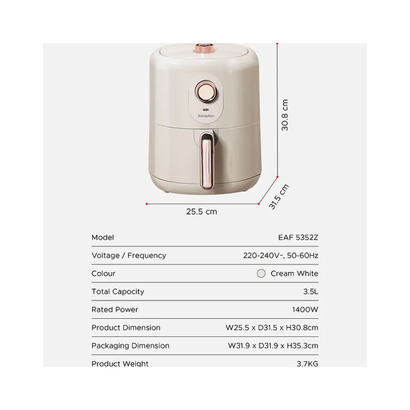 Europace EAF5352ZCR 3.5L Air Fryer - Healthy Oil-Free Cooking, Digital Touch Control, 1500W for Fast & Even Heating - Perfect for Family Meals, Snacks & Quick Dinners