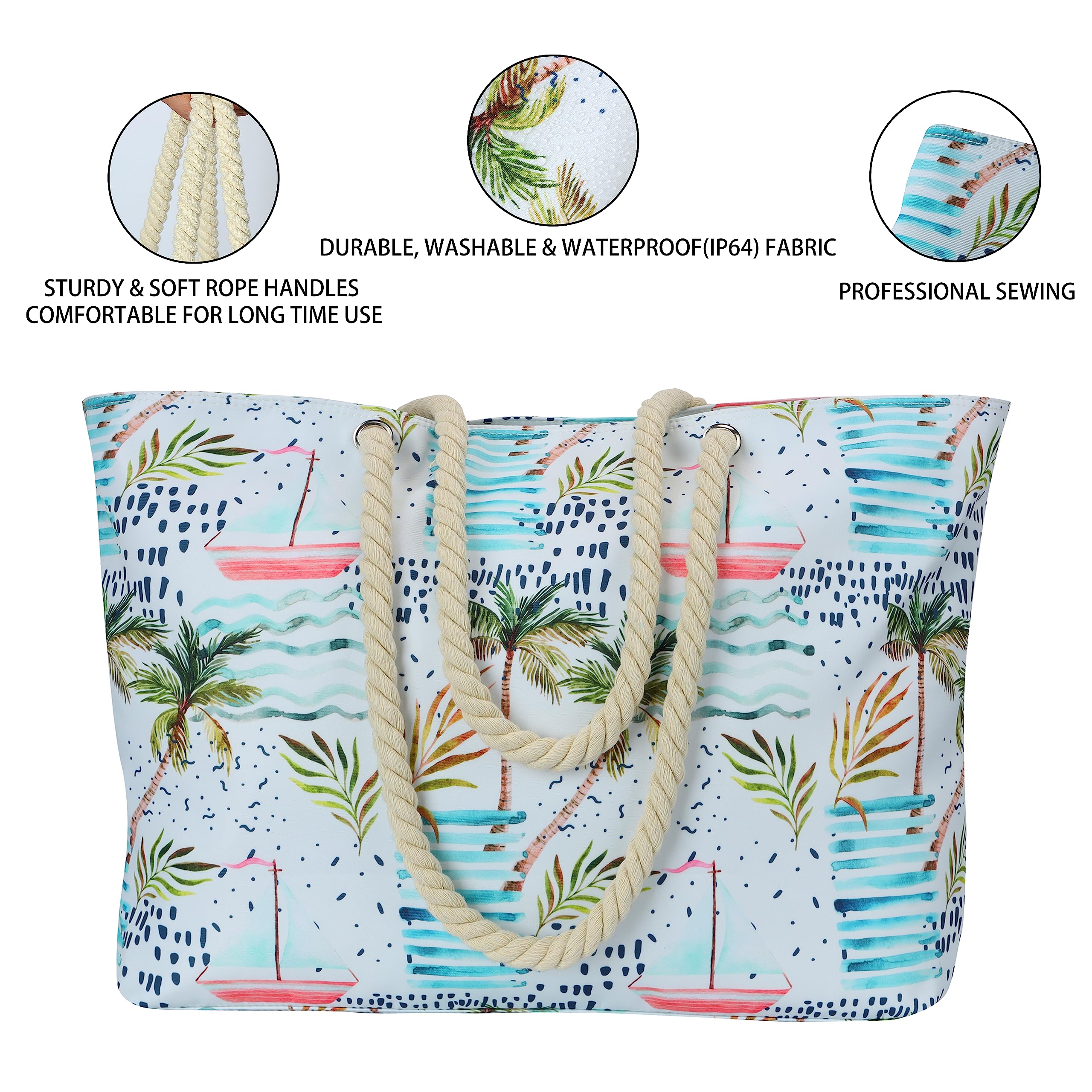 **Large Waterproof Beach Bag for Women - KUAK Sandproof Travel Tote with Lining, Zipper & Inner Pockets - Perfect for Vacation, Pool, Family Outings & Summer Getaways**