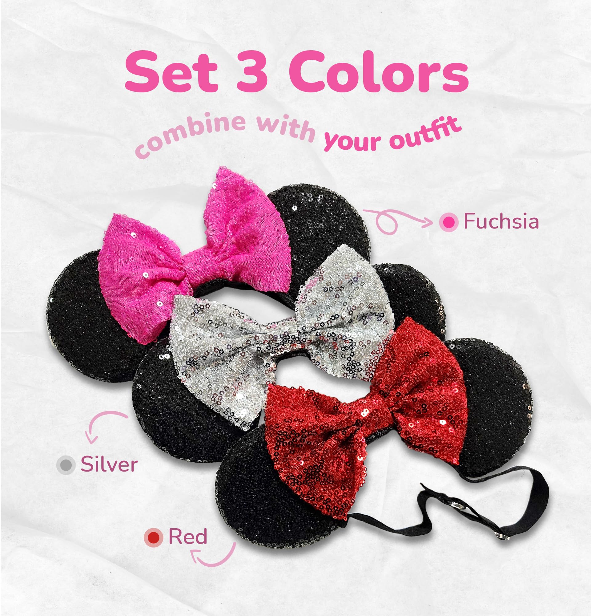 Minnie Ears Headbands with Shiny Sequin Bow (3PCS) - Adjustable Elastic Mouse Ears Headbands for Women & Girls - Glitter Disney Inspired Hair Accessories for Parties, Cosplay & Theme Parks