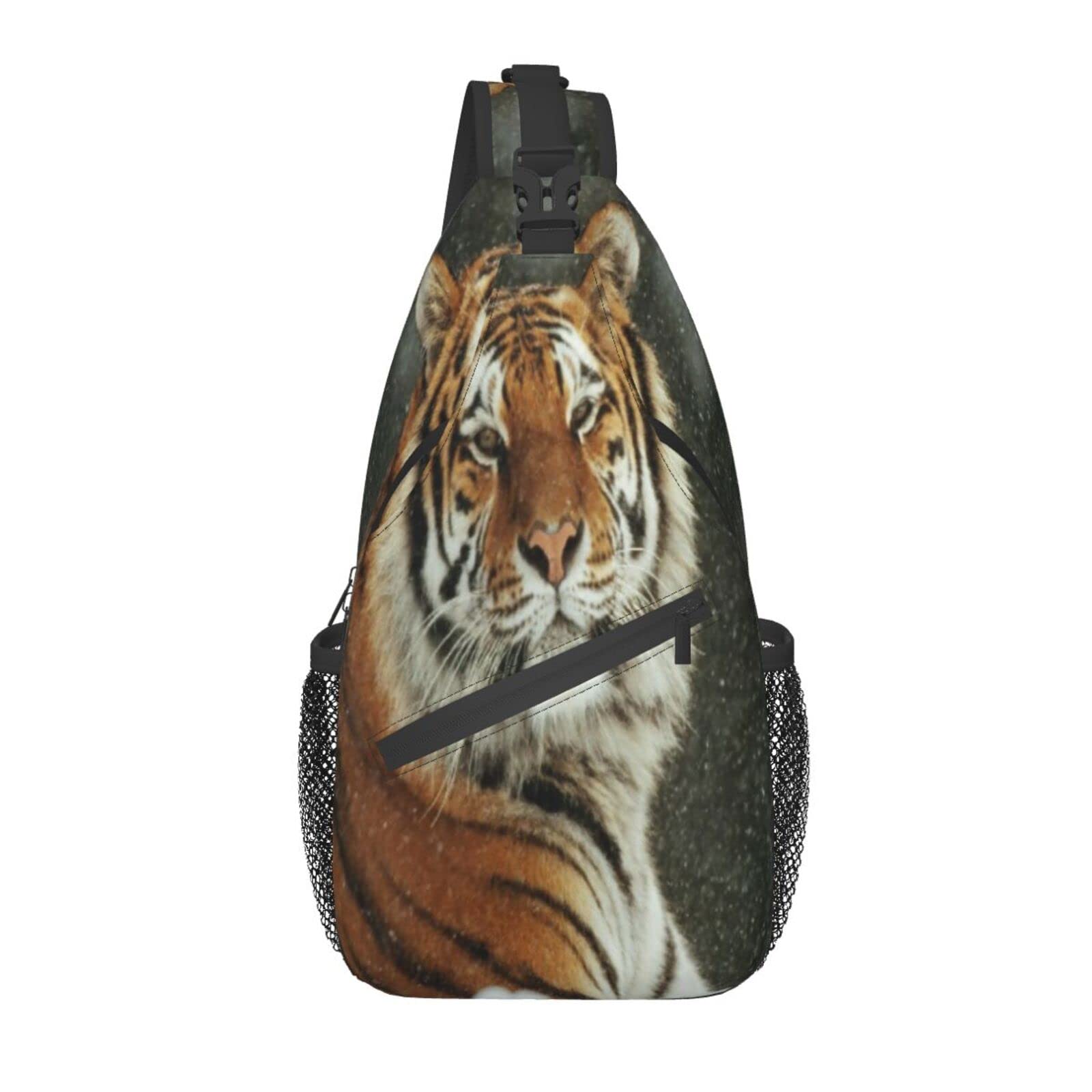 Adjustable Lightweight Chest Sling Backpack - Tiger in Snow Design Crossbody Shoulder Bag for Men & Women | Perfect for Travel, Hiking, Biking, Climbing & Shopping | Durable Outdoor Sports Daypack