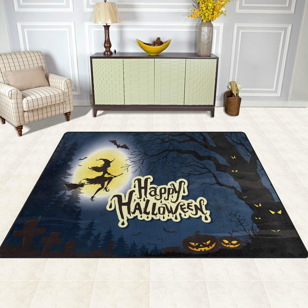 ALAZA Happy Halloween Pumpkin Witch Bat Moon Night Area Rug - 7' x 5' Non-Slip Halloween Decor Rug for Living Room, Bedroom, Dorm - Perfect for Fall Decor, Spooky Party & Seasonal Home Decor