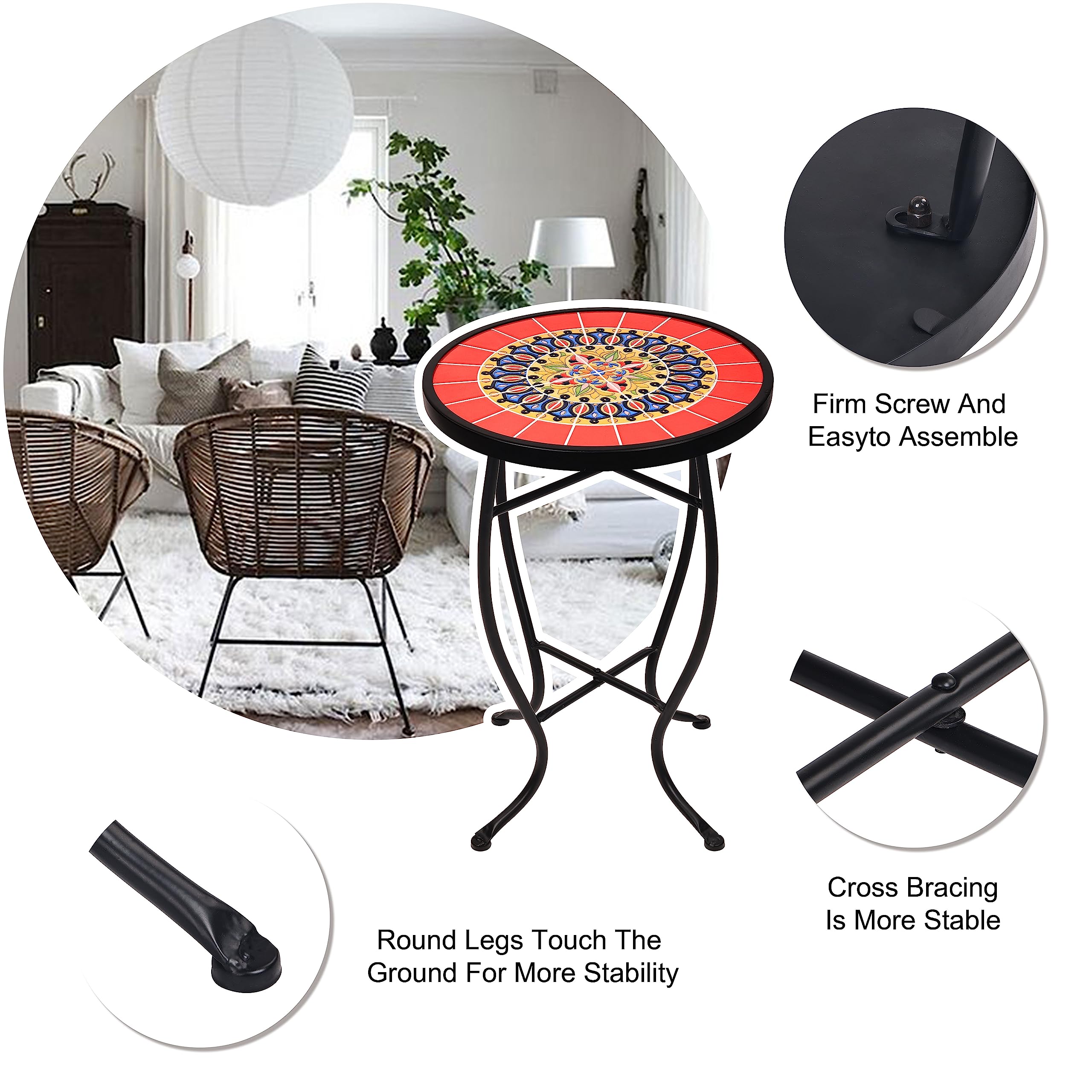14 Inch Round Ceramic Tile Top Side Table for Indoor & Outdoor Use - Perfect for Patio, Garden, or Living Room Accent Furniture